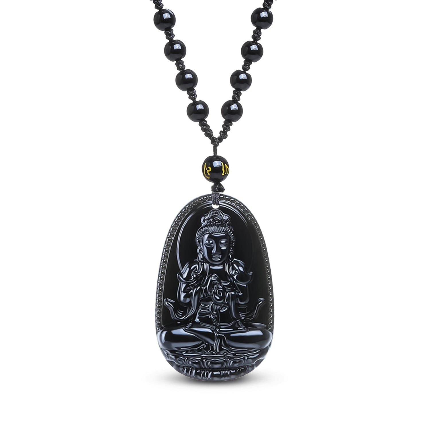 Collier et pendentif Bouddha 'Vitalité' en obsidienne noire, avec perles noires et pendentif poli à la main.