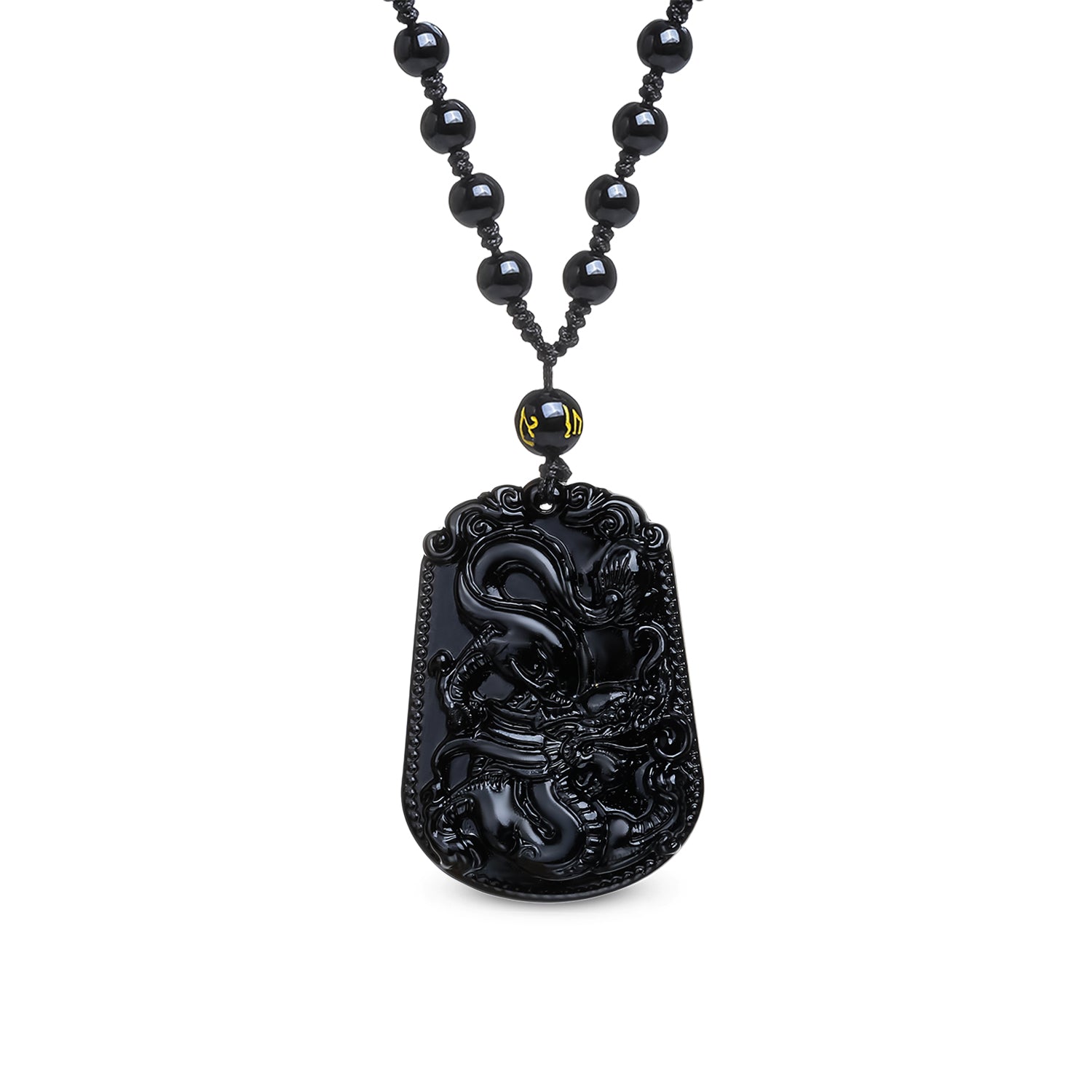 Collier 'Puissance du Dragon' en obsidienne noire avec pendentif élégant, symbolisant force et charisme.