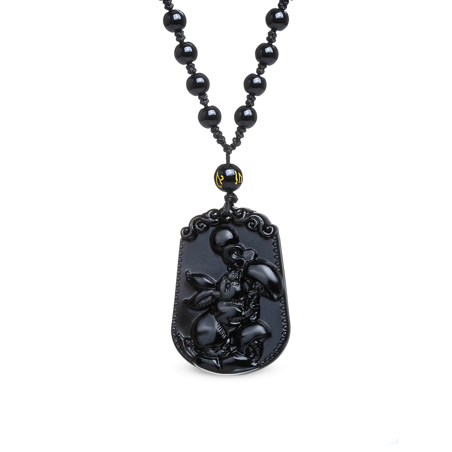 Collier en obsidienne noire avec pendentif représentant le Lapin, ajustable et élégant, symbolisant l'intuition et la protection.