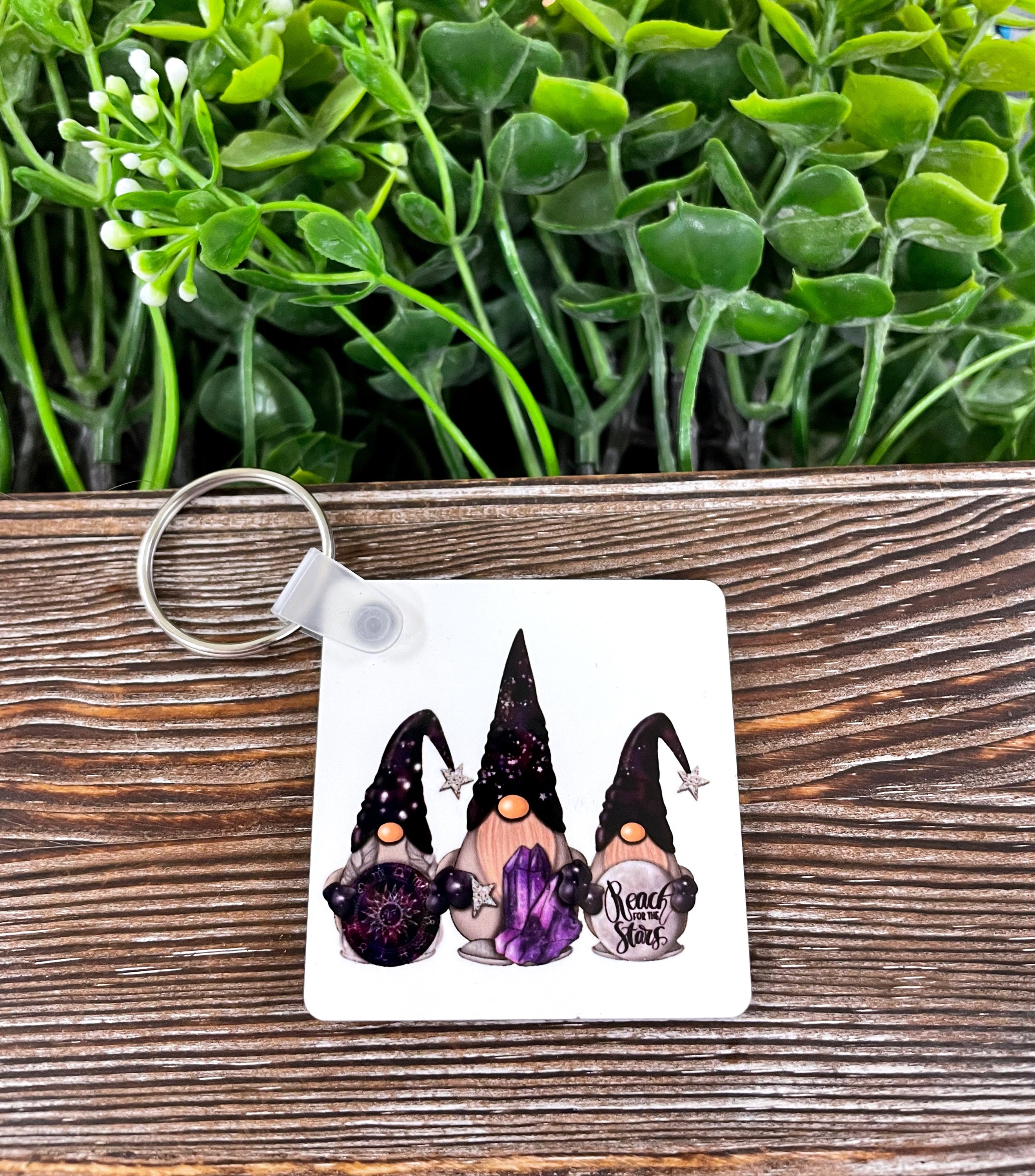 Cosmic Mystic Gnomes keychain featuring vibrant colors and crystals on a lightweight MDF square base.