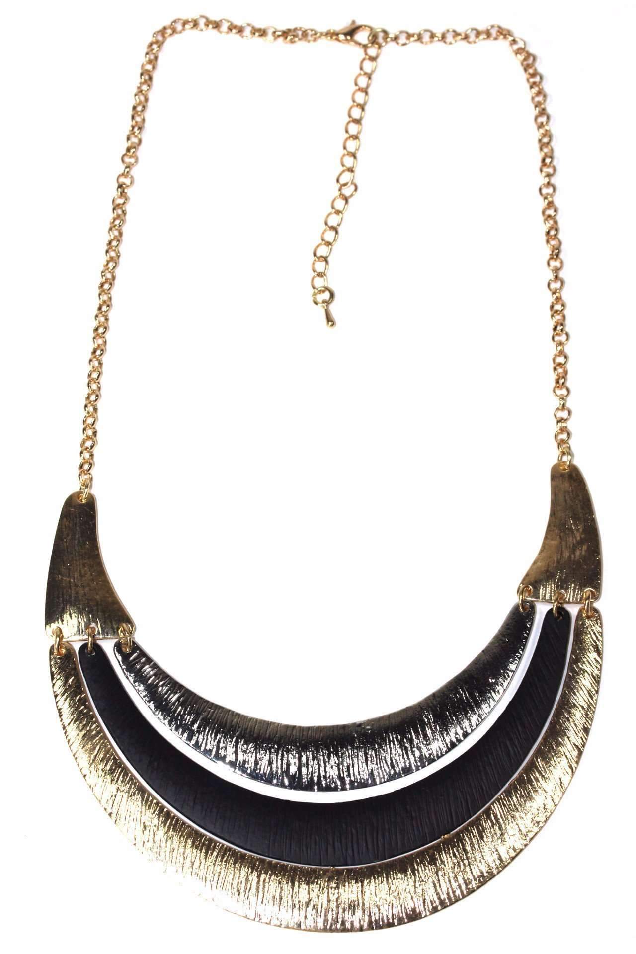 Crescent Moon Three Tier Necklace featuring gold, matte black, and silver tones with three crescent moon designs.