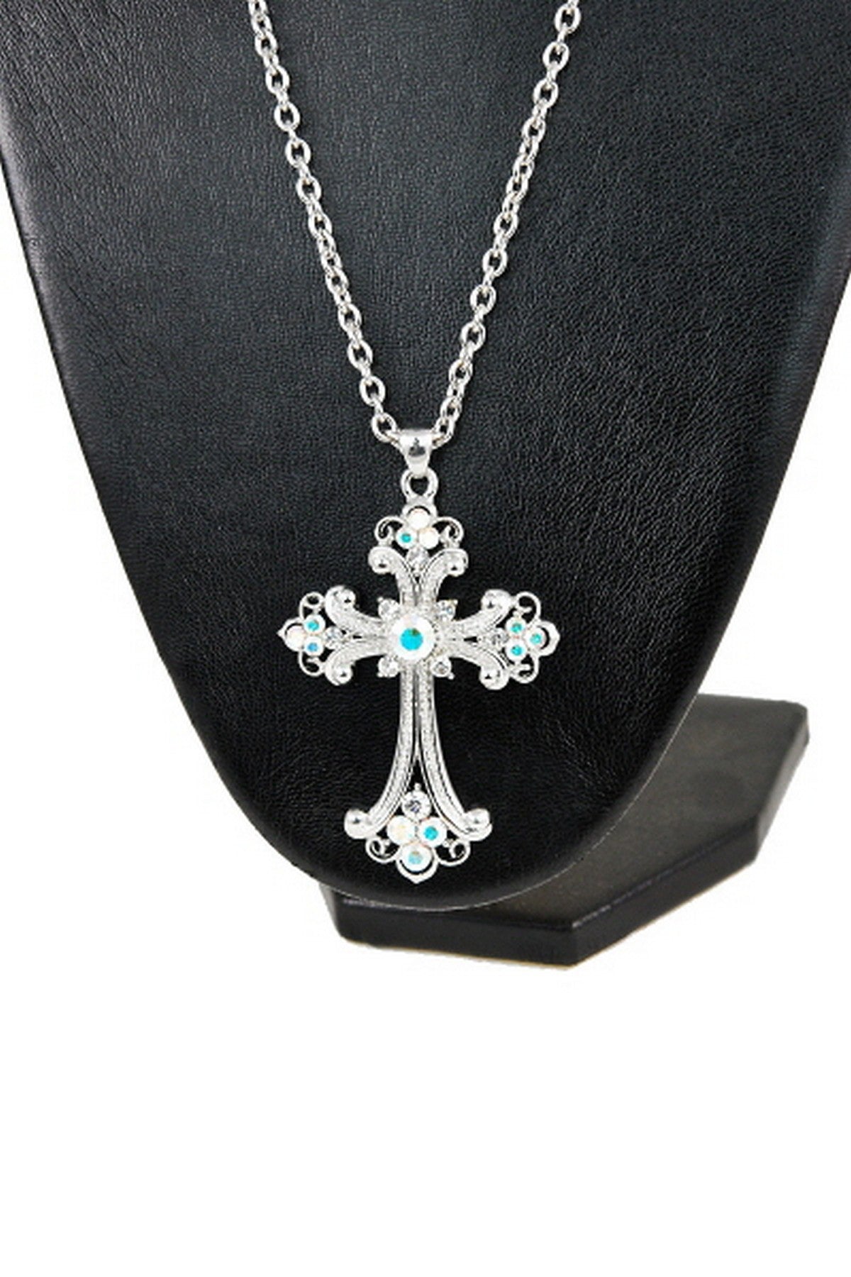 Elegant cross pendant necklace made in Korea, showcasing intricate design and high-quality craftsmanship.