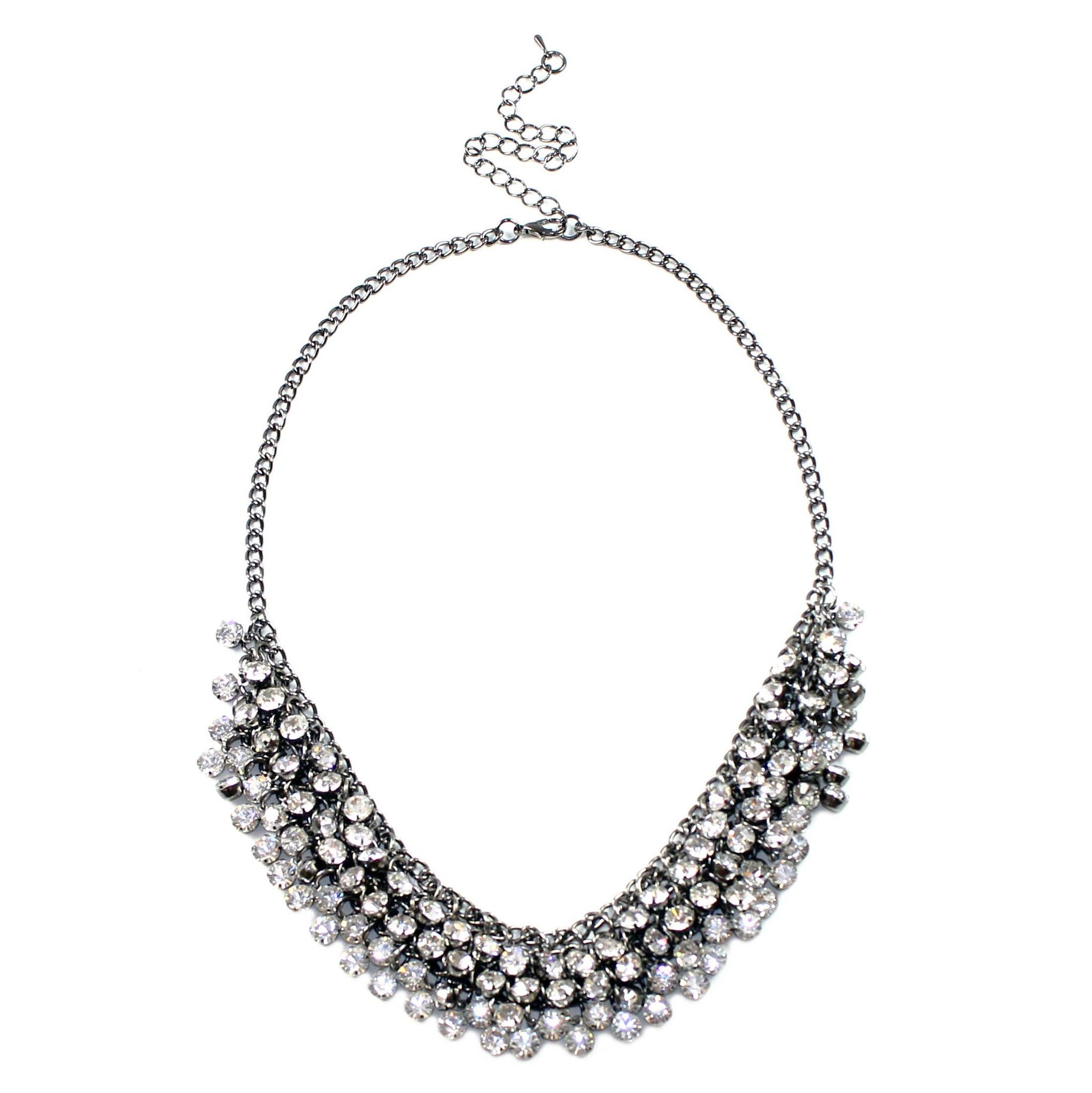 A stunning Crystal Collar Necklace featuring over 140 glass crystals on a dark silver graphite tone chain, perfect for adding sparkle to any outfit.