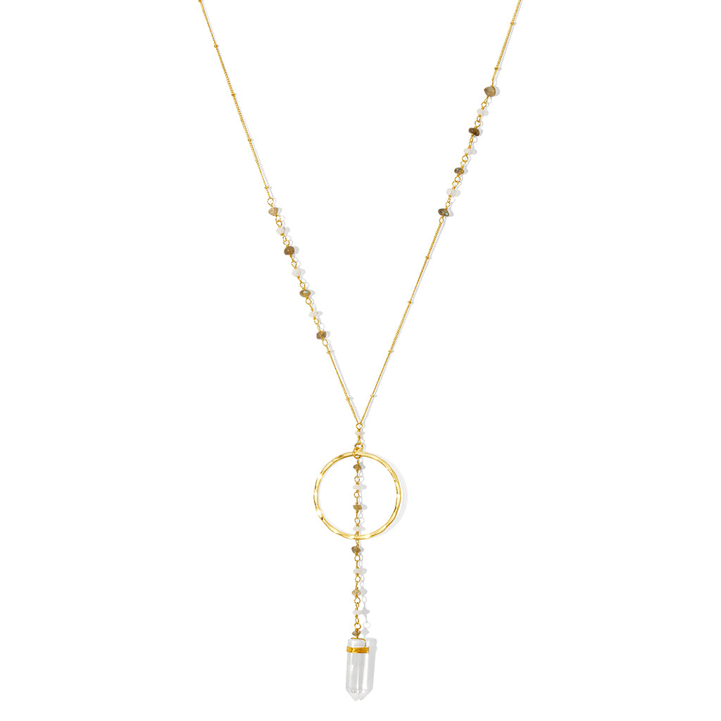 Crystal Halo Y Necklace featuring clear quartz and gemstones, elegantly designed with a cascading pendant.