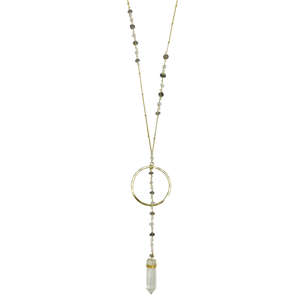 Crystal Halo Y Necklace featuring clear quartz and gemstones, elegantly designed with a cascading pendant.