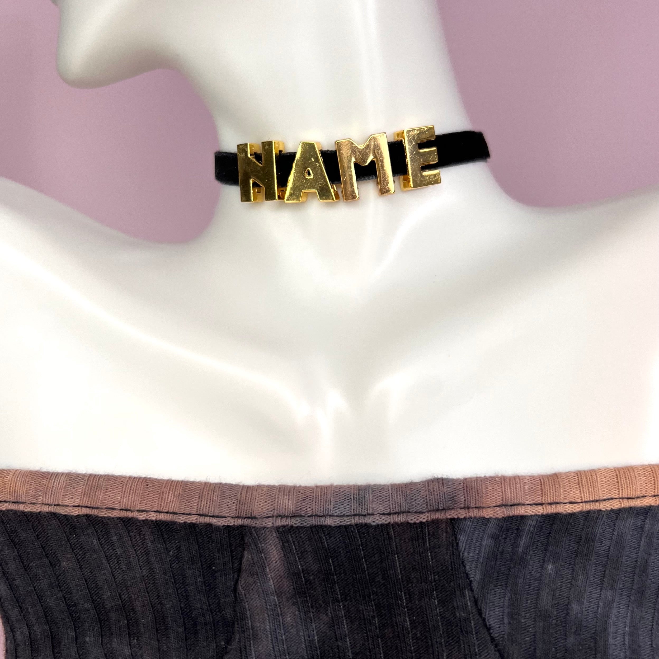 Custom Name Choker Necklace featuring personalized stainless steel letters on a velvet cord, available in gold and silver.