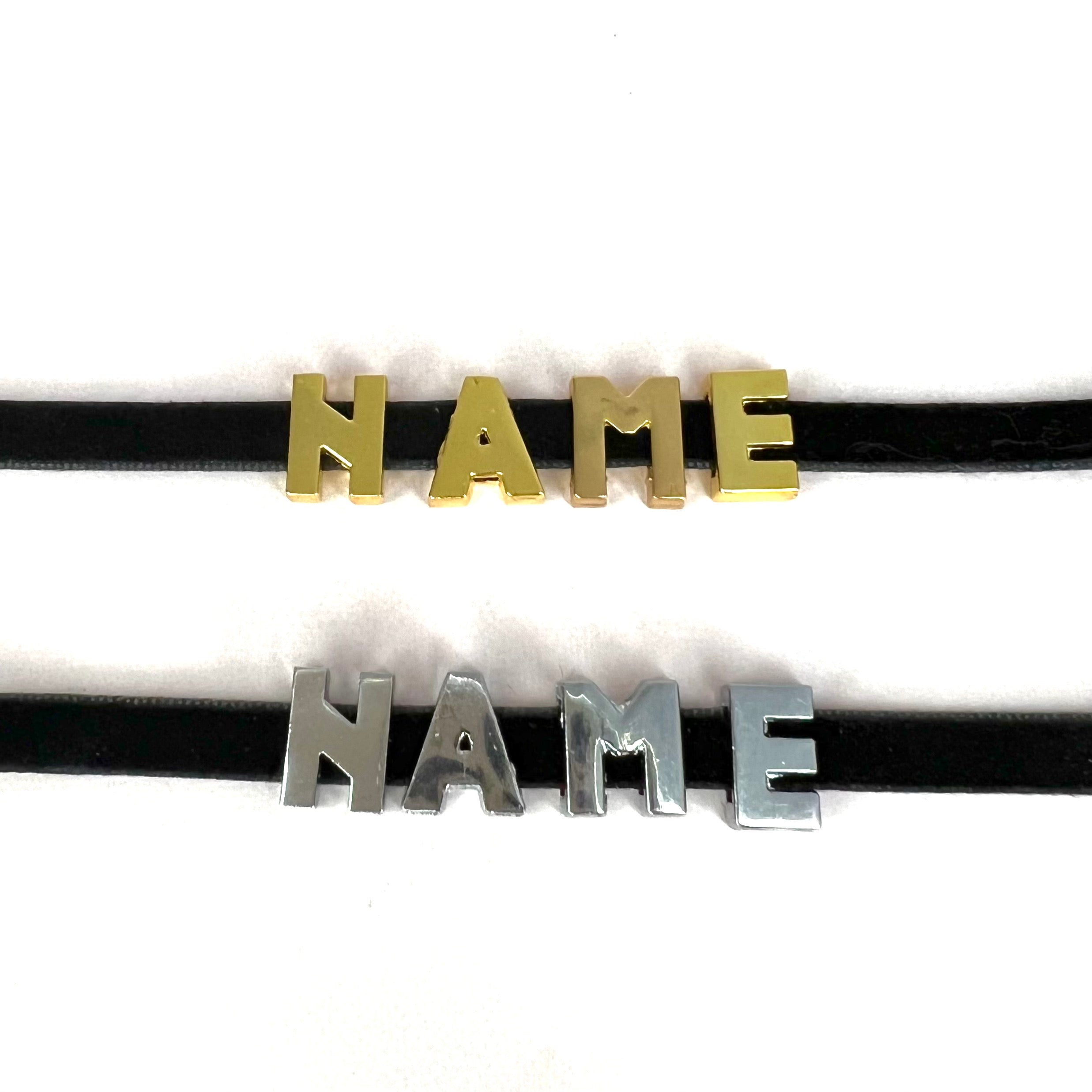 Custom Name Choker Necklace featuring personalized stainless steel letters on a velvet cord, available in gold and silver.