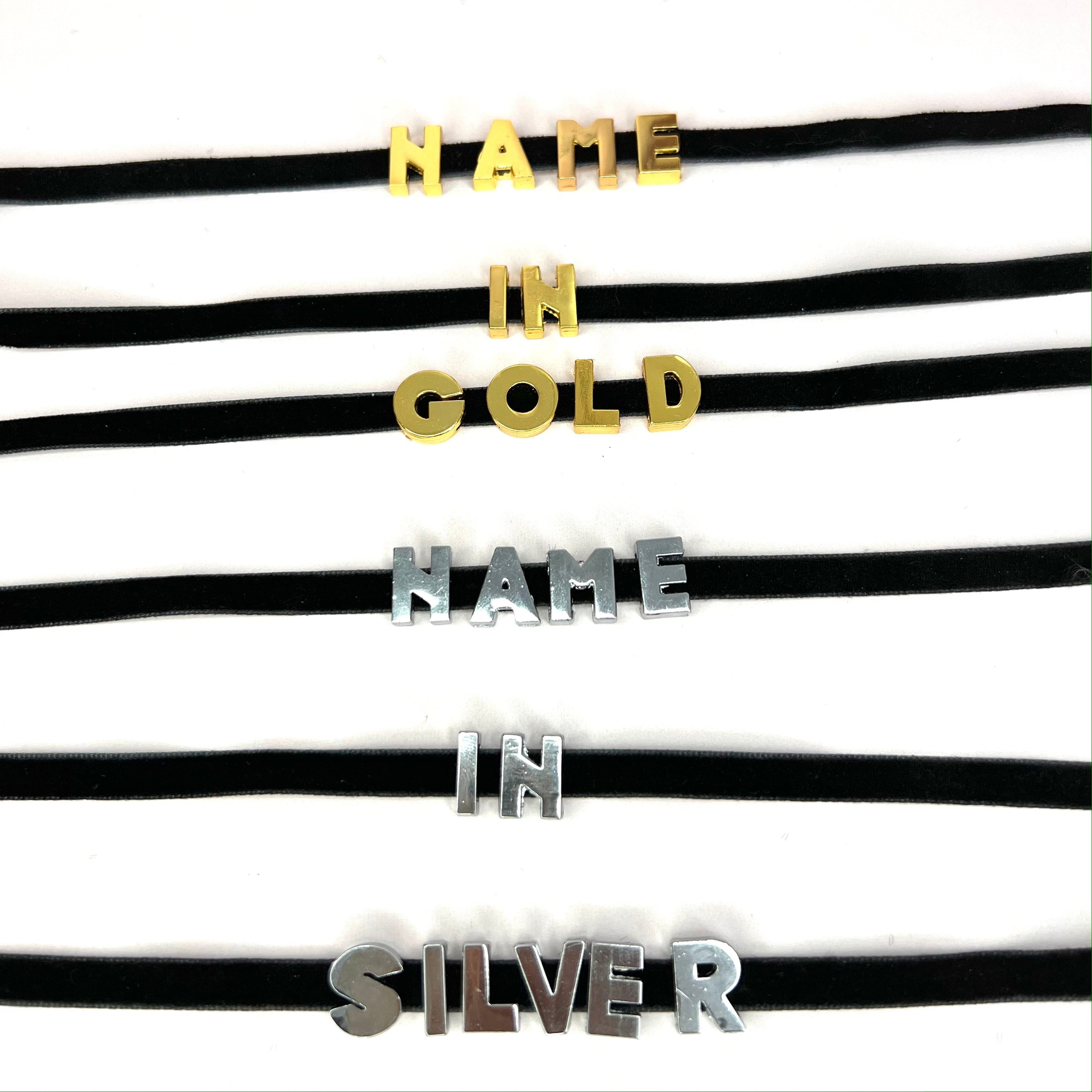 Custom Name Choker Necklace featuring personalized stainless steel letters on a velvet cord, available in gold and silver.