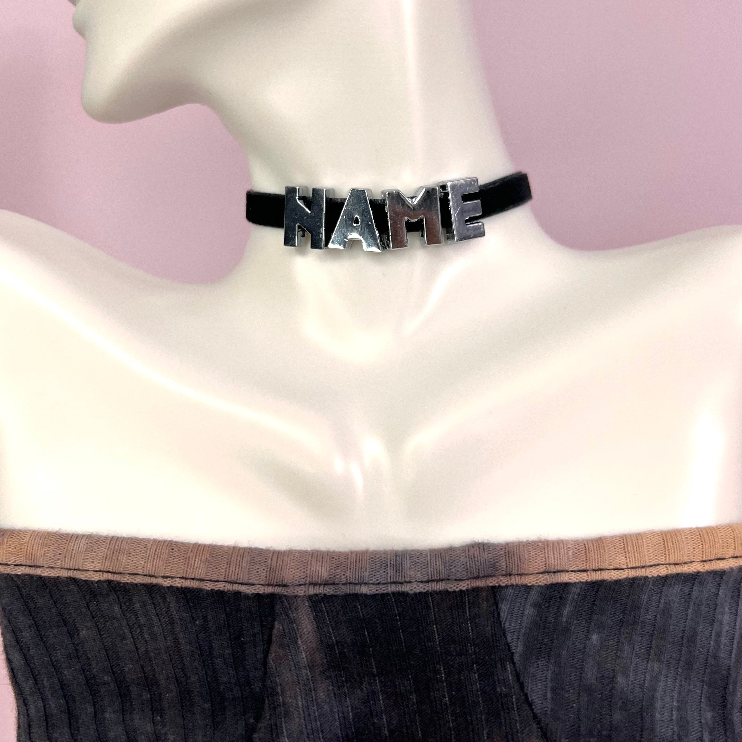 Custom Name Choker Necklace featuring personalized stainless steel letters on a velvet cord, available in gold and silver.