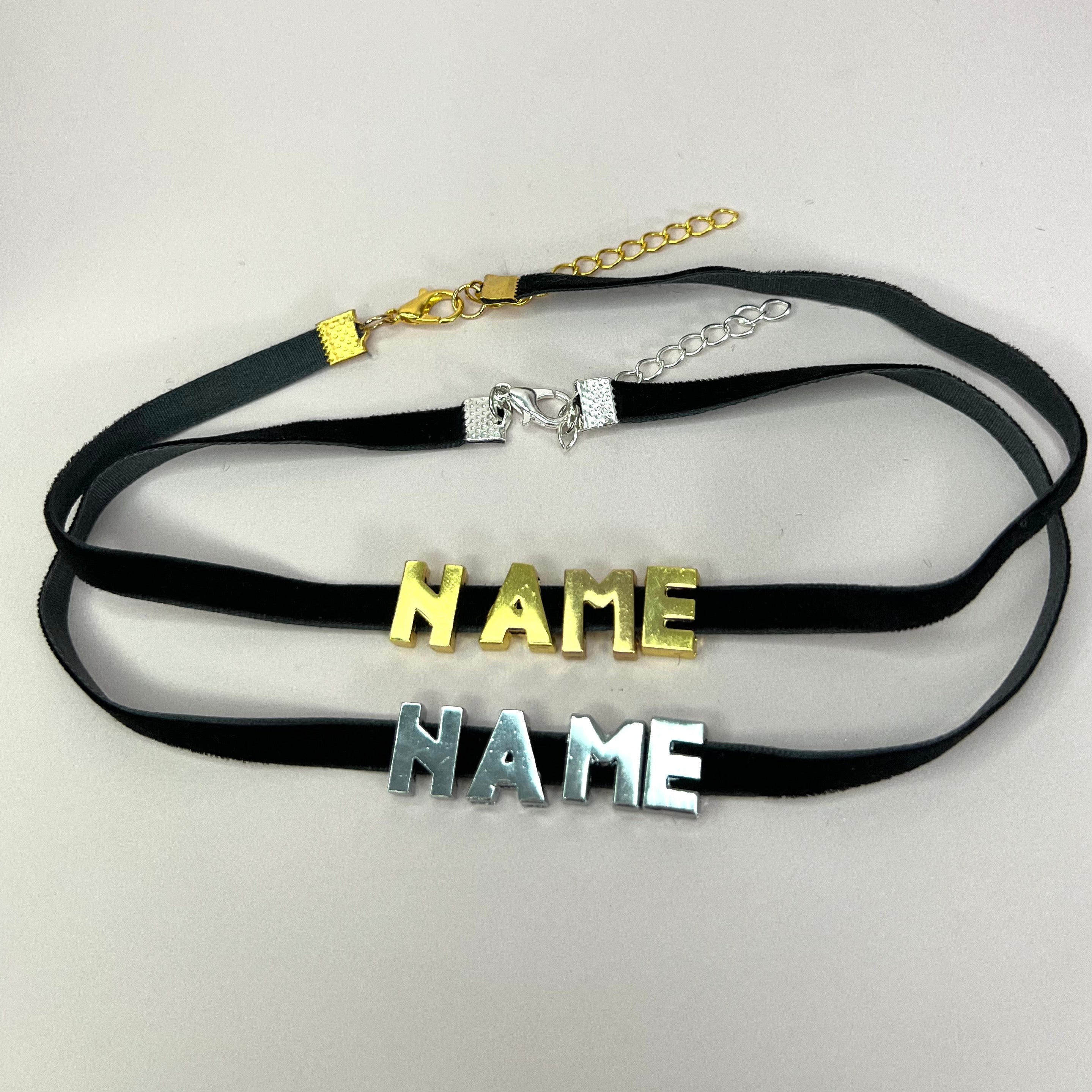 Custom Name Choker Necklace featuring personalized stainless steel letters on a velvet cord, available in gold and silver.