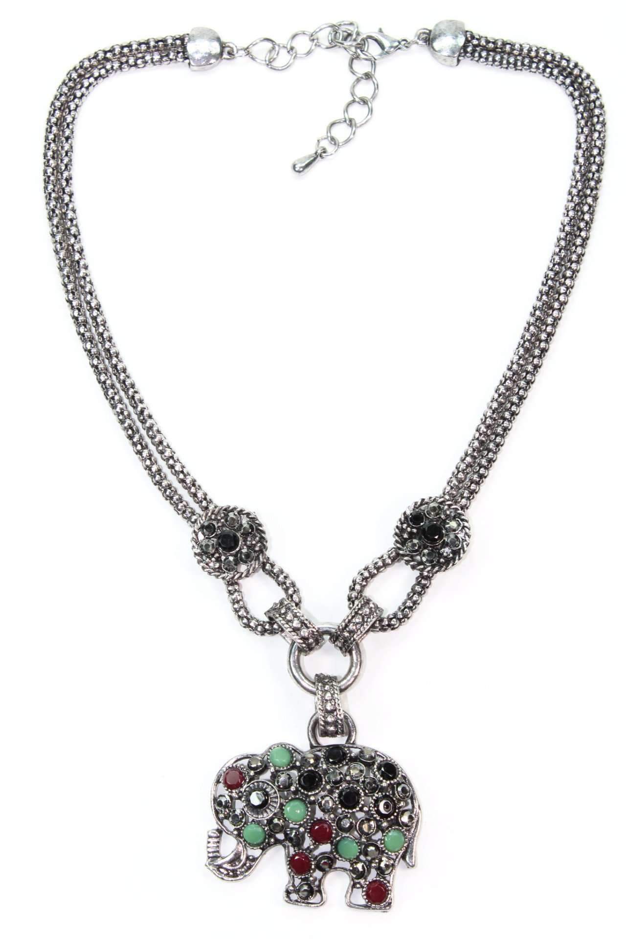 Dazzling Elephant Necklace featuring colorful stones and crystal accents on a silver-tone double chain with medallion charms.