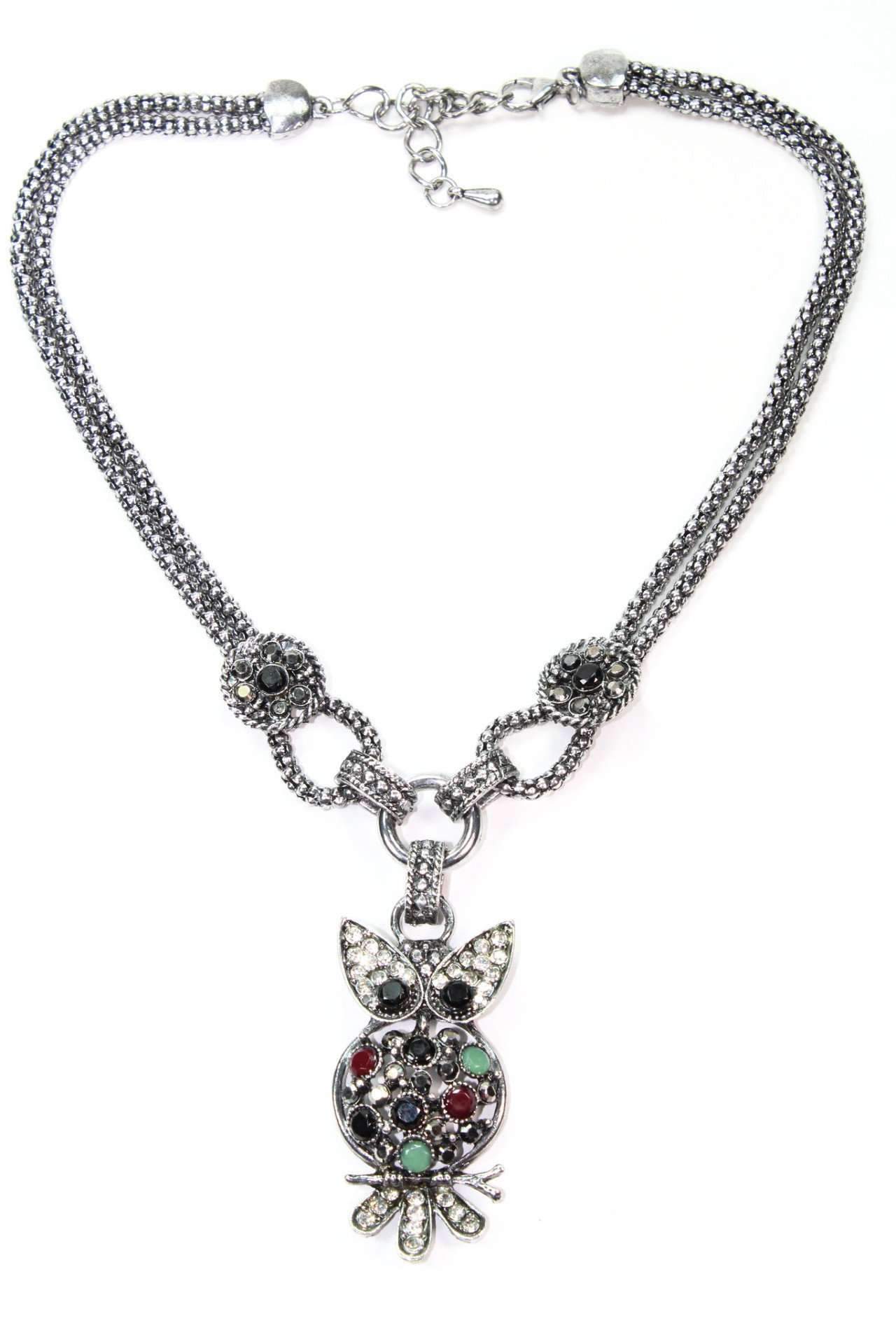 Dazzling Perched Owl Necklace featuring colorful stones and crystal accents on a silver-tone double chain.