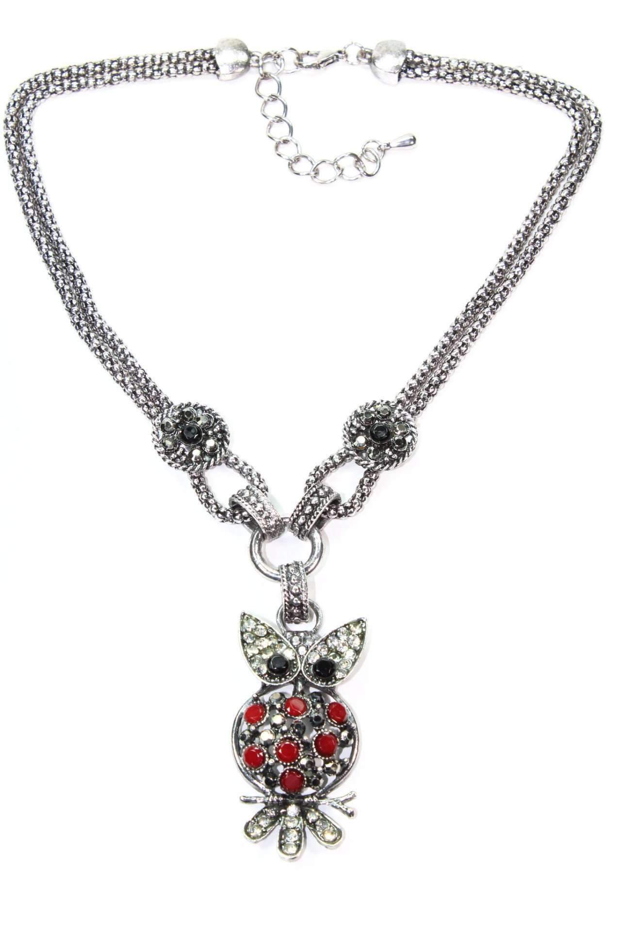 Dazzling Perched Owl Necklace featuring colorful stones and crystal accents on a silver-tone double chain.