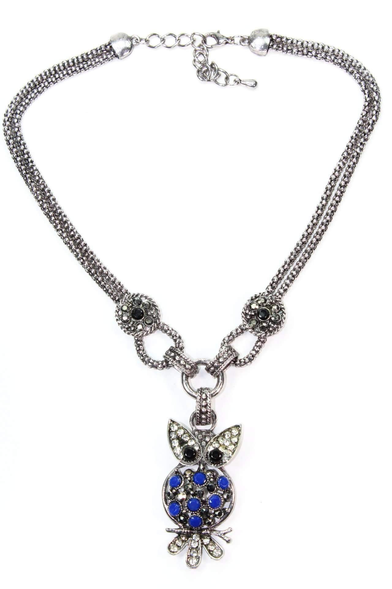 Dazzling Perched Owl Necklace featuring colorful stones and crystal accents on a silver-tone double chain.