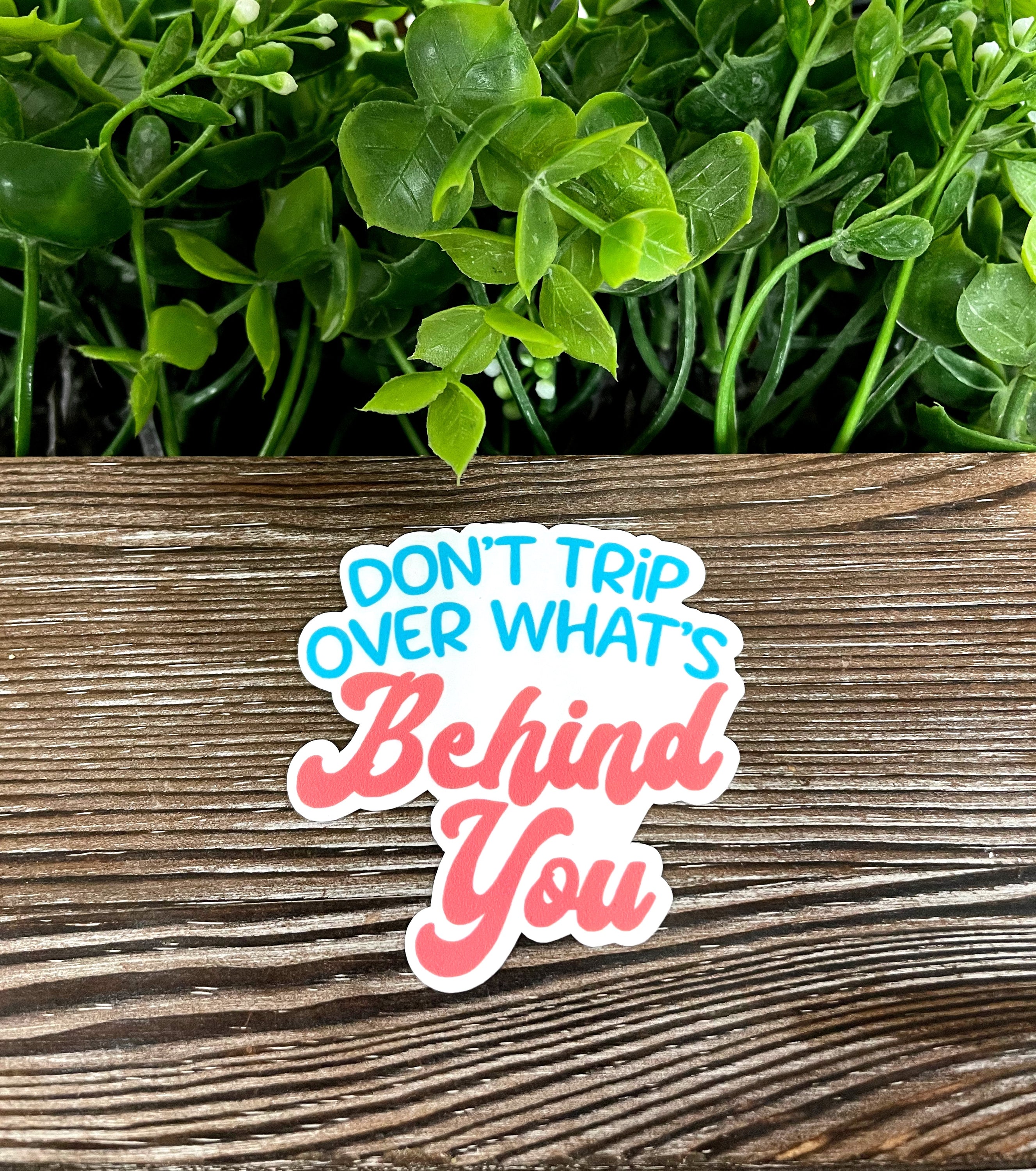 Don't Trip Over What's Behind You die cut vinyl sticker on a smooth surface, showcasing vibrant colors and a fun design.