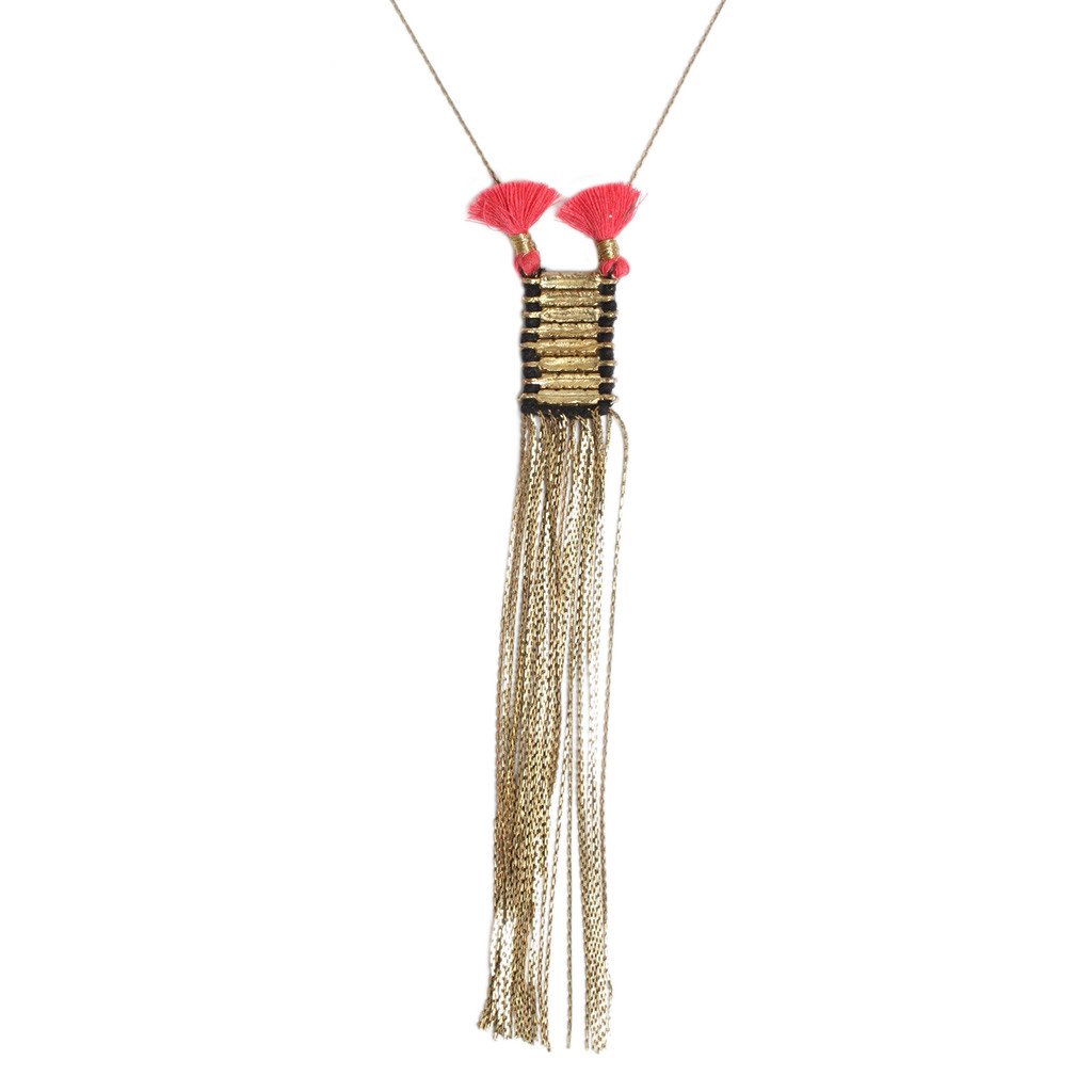 Double Tassel Necklace featuring cotton tassels and metal fringe, available in black and taupe, showcasing intricate craftsmanship.