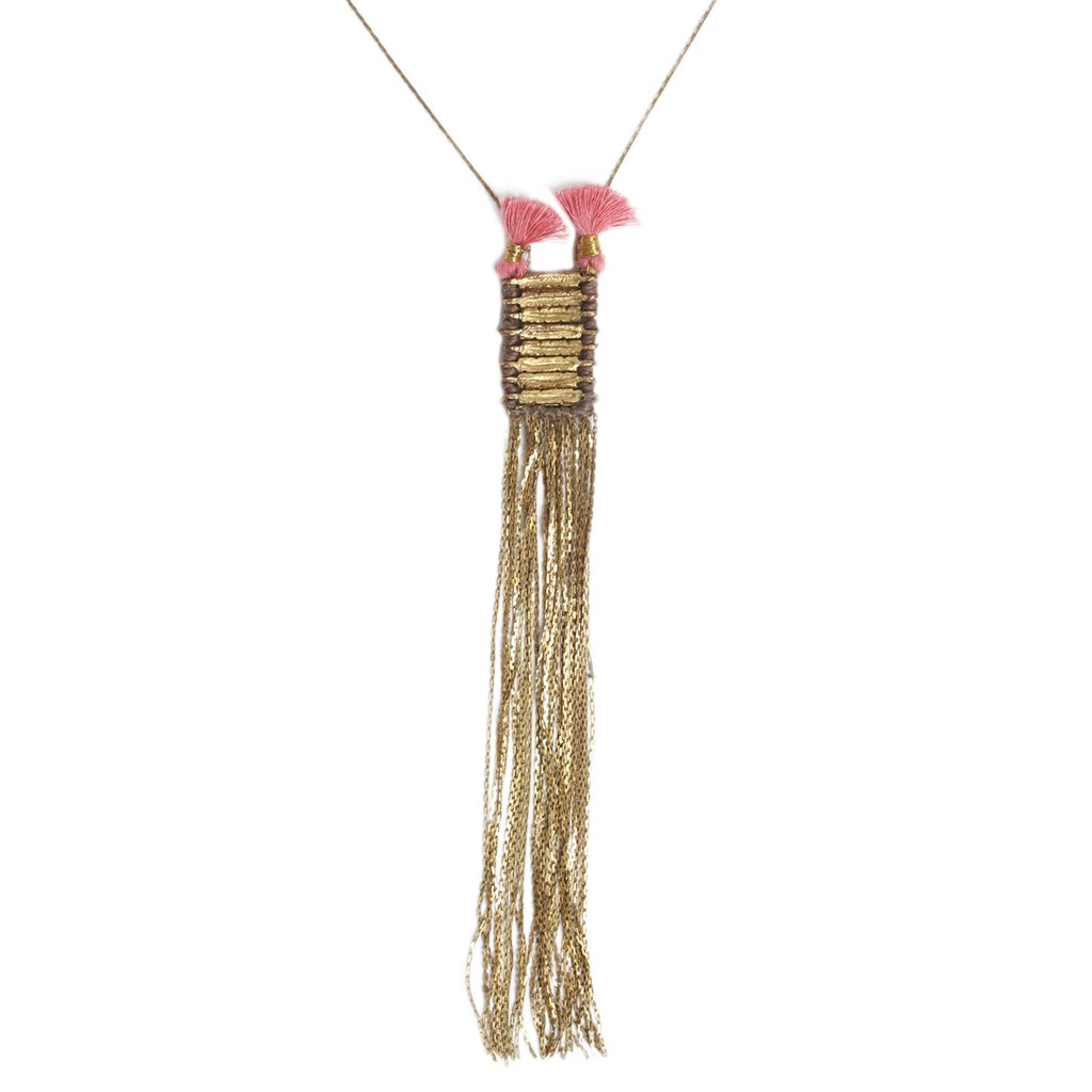 Double Tassel Necklace featuring cotton tassels and metal fringe, available in black and taupe, showcasing intricate craftsmanship.