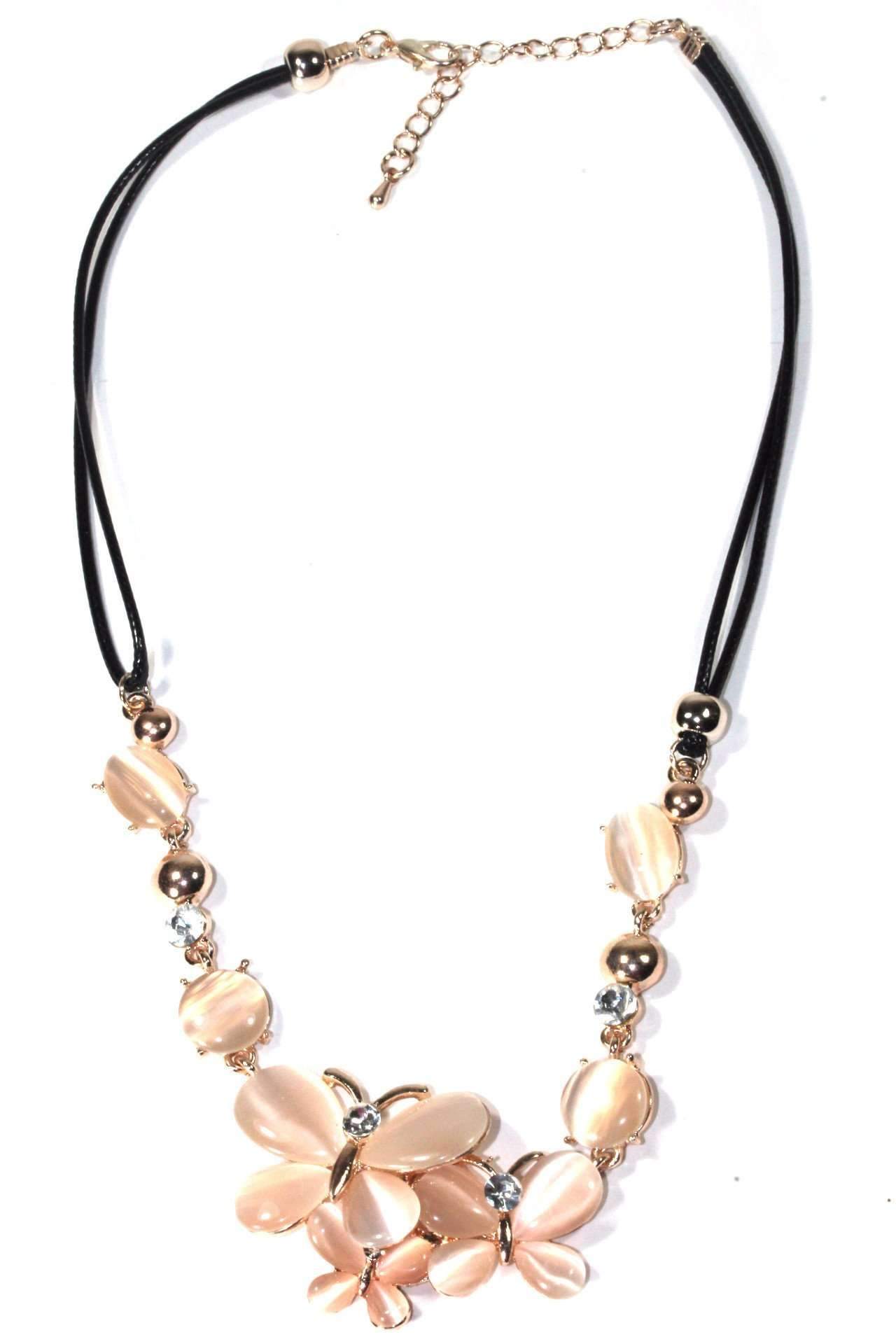 Elegant Butterfly Trio Necklace featuring sparkling crystals, golden beads, and light pink acrylic stones on a black chord closure.