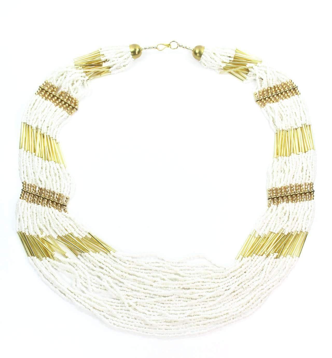 Empress Layered Beads White Necklace featuring white round beads and gold tone tube beads, elegantly layered for a royal look.