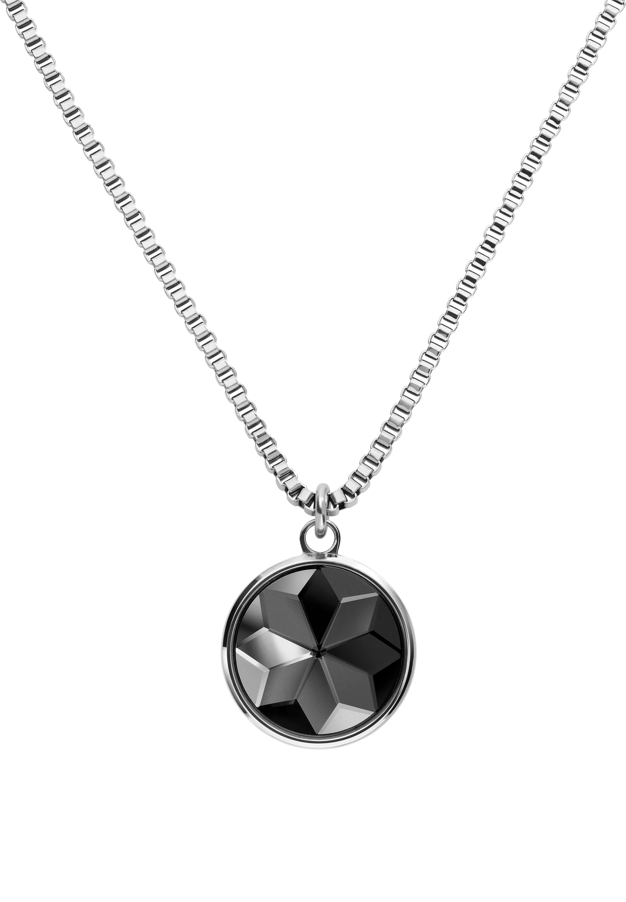 Facet Pendant Necklace JS.0004 featuring a black glass pendant and stainless steel chain, elegantly designed for modern women.