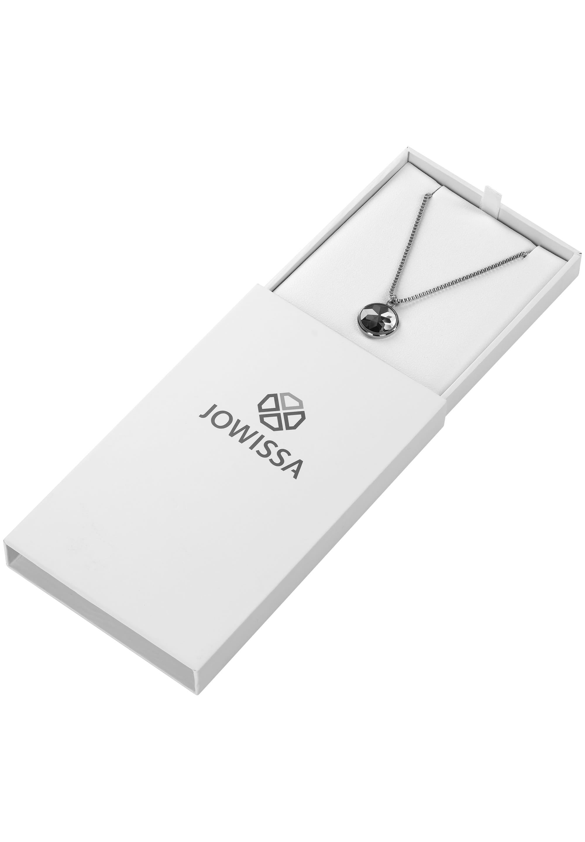 Facet Pendant Necklace JS.0004 featuring a black glass pendant and stainless steel chain, elegantly designed for modern women.