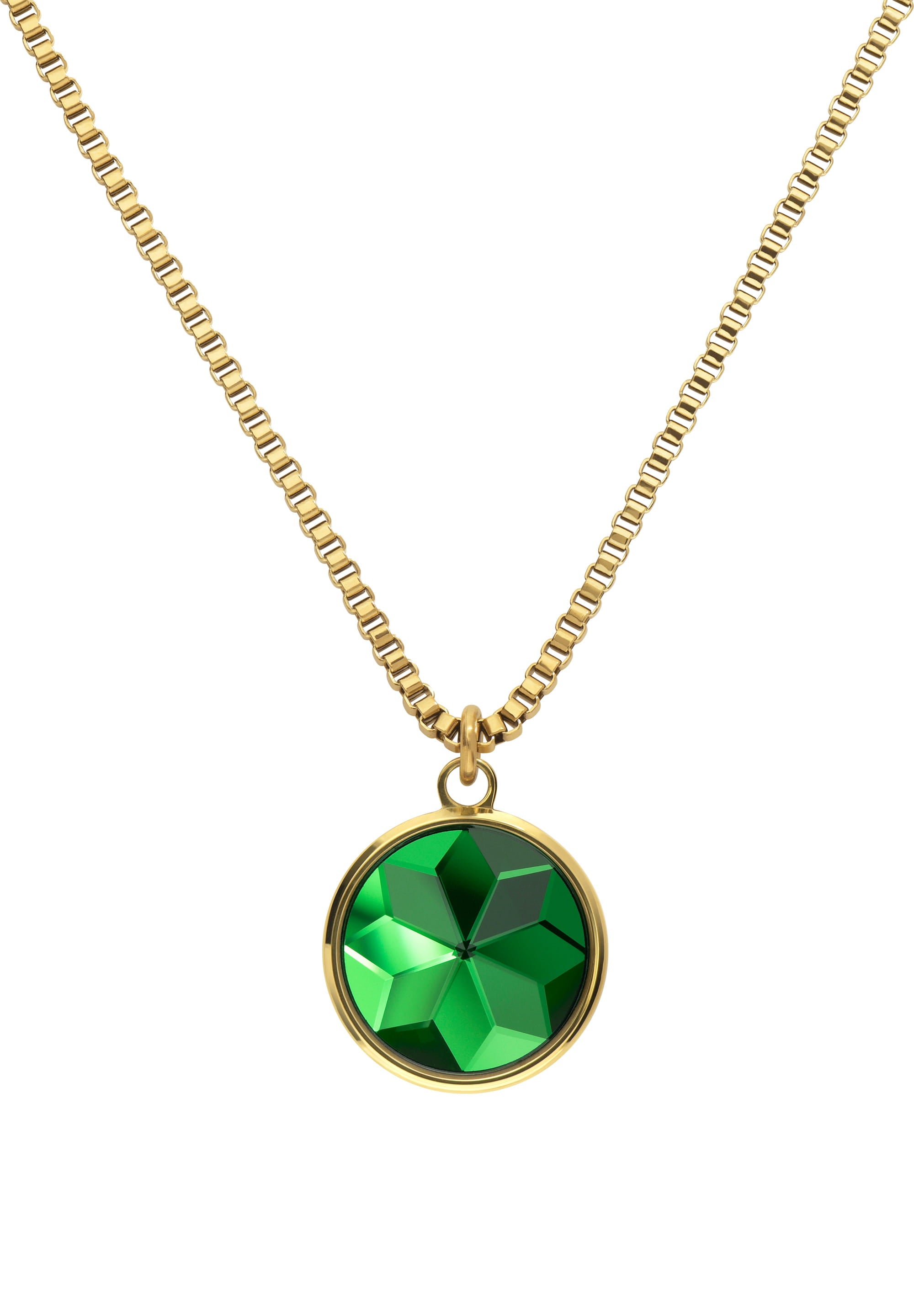 Facet Pendant Necklace JS.0007 featuring a green and gold pendant on a stainless steel chain, elegantly displayed against a neutral background.