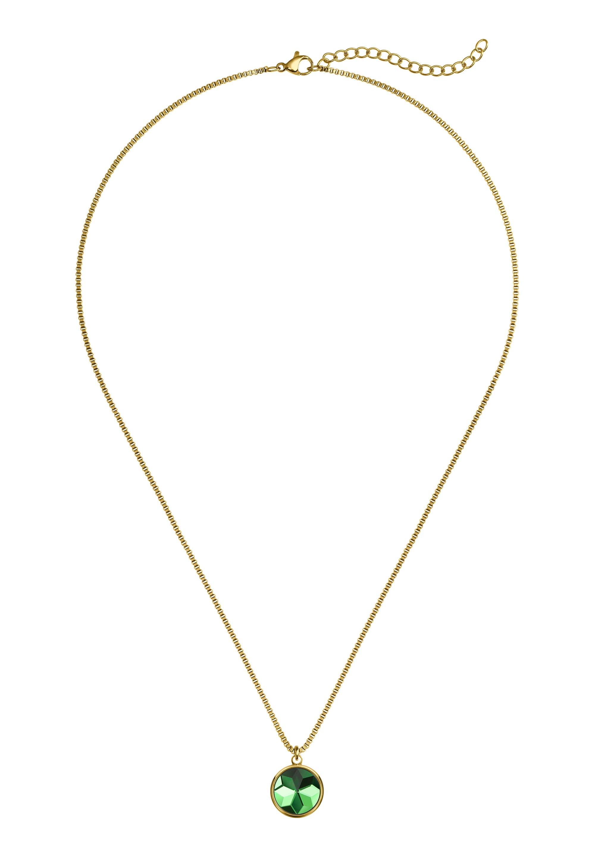 Facet Pendant Necklace JS.0007 featuring a green and gold pendant on a stainless steel chain, elegantly displayed against a neutral background.