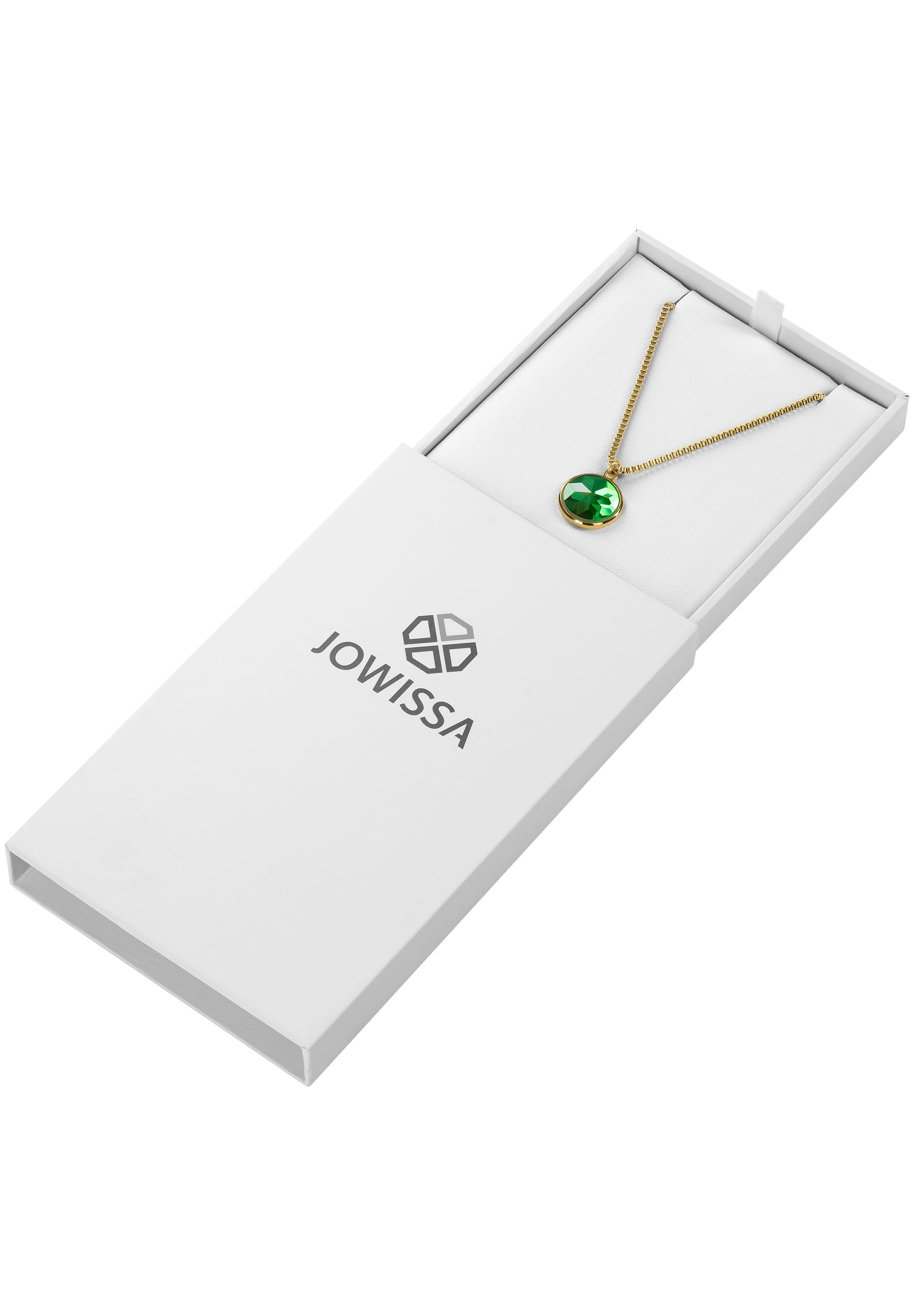 Facet Pendant Necklace JS.0007 featuring a green and gold pendant on a stainless steel chain, elegantly displayed against a neutral background.