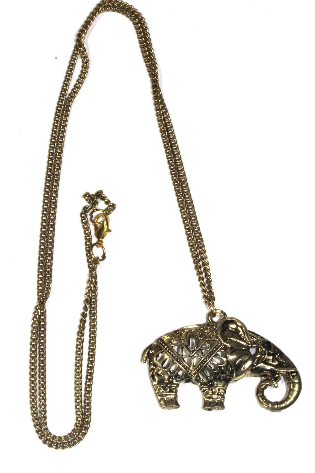 Festival Elephant Pendant Necklace featuring a unique curled trunk design, available in oxidized silver and antique gold tone.