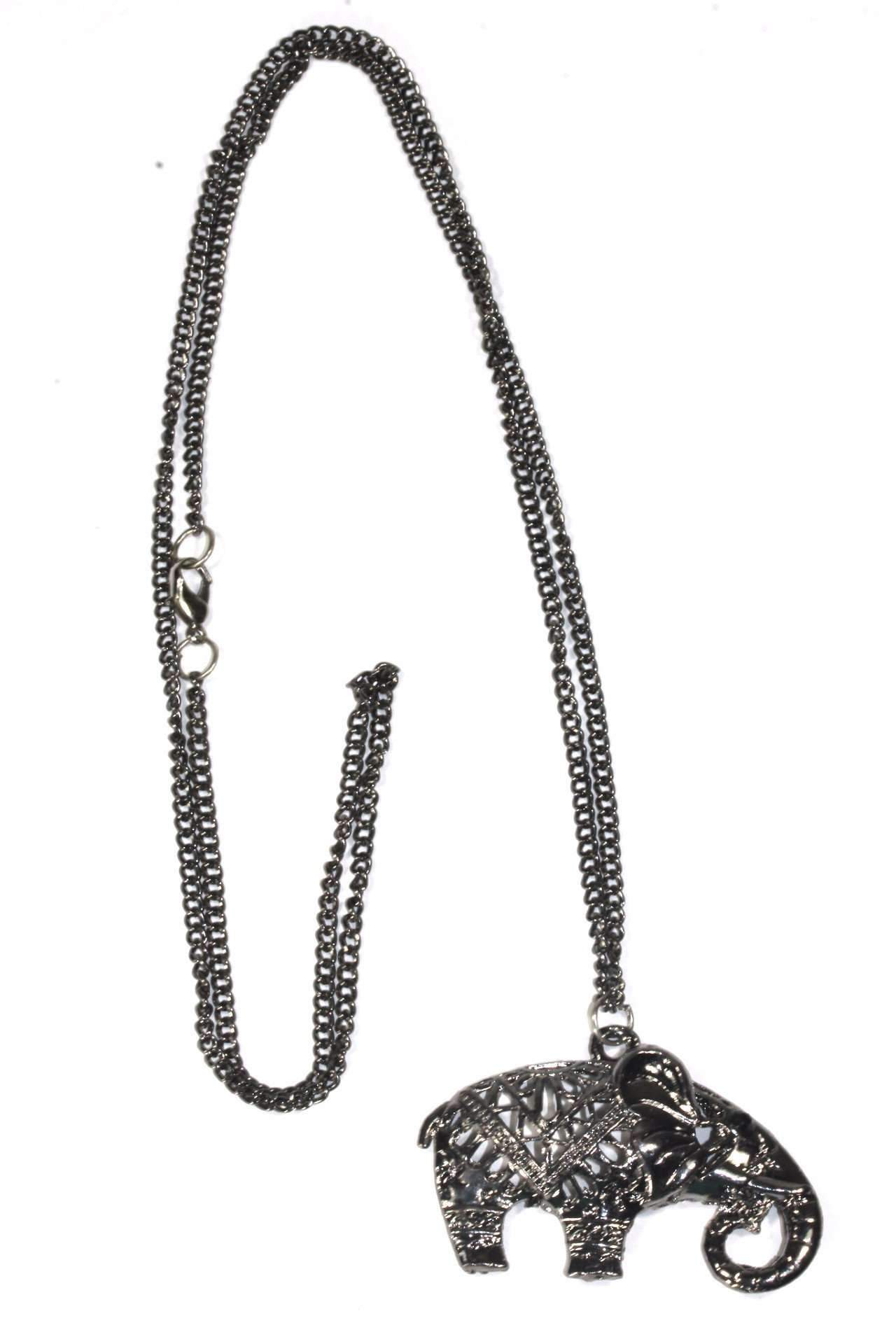 Festival Elephant Pendant Necklace featuring a unique curled trunk design, available in oxidized silver and antique gold tone.