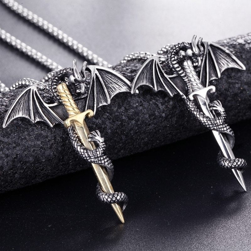 A stunning Flying Dragon With Sword Necklace in gold and silver, showcasing intricate details of the dragon and sword pendant.