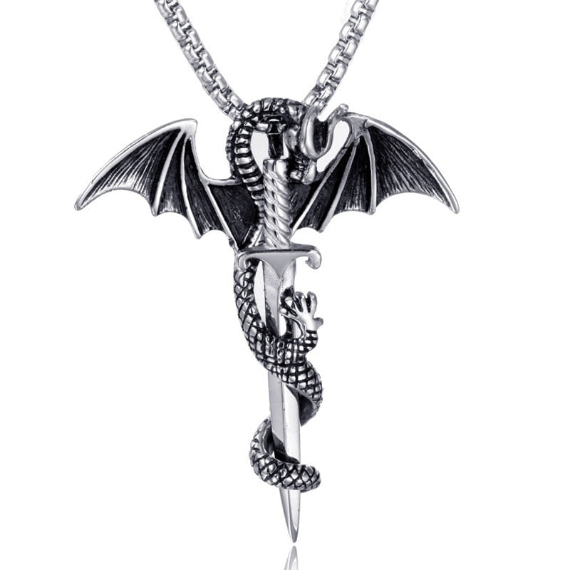 A stunning Flying Dragon With Sword Necklace in gold and silver, showcasing intricate details of the dragon and sword pendant.