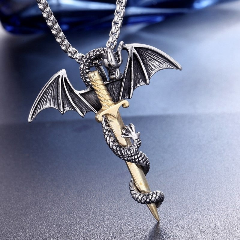 A stunning Flying Dragon With Sword Necklace in gold and silver, showcasing intricate details of the dragon and sword pendant.