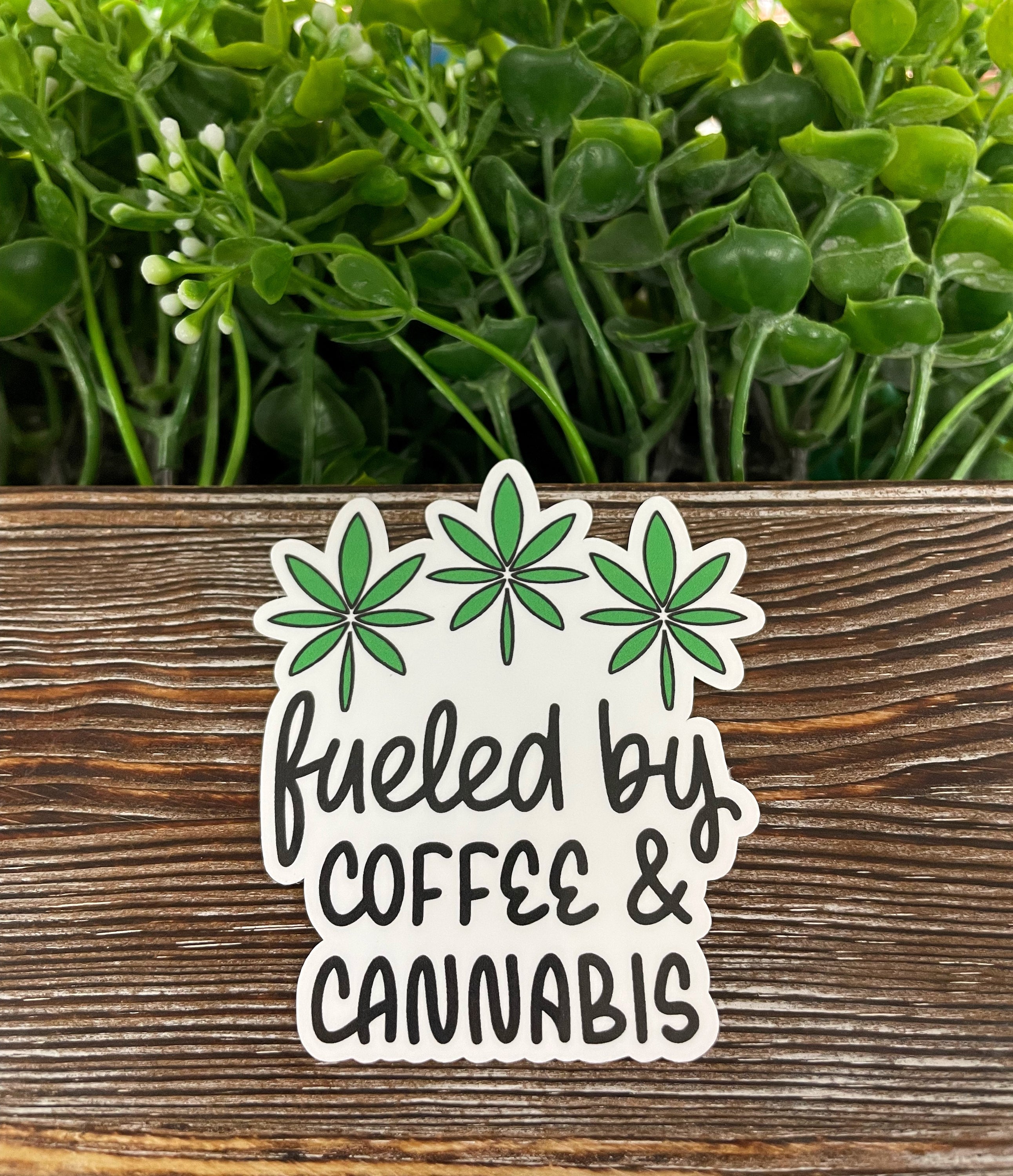 A vibrant die cut vinyl sticker featuring the phrase 'Fueled by Coffee and Cannabis' with a boho design, perfect for personalizing smooth surfaces.