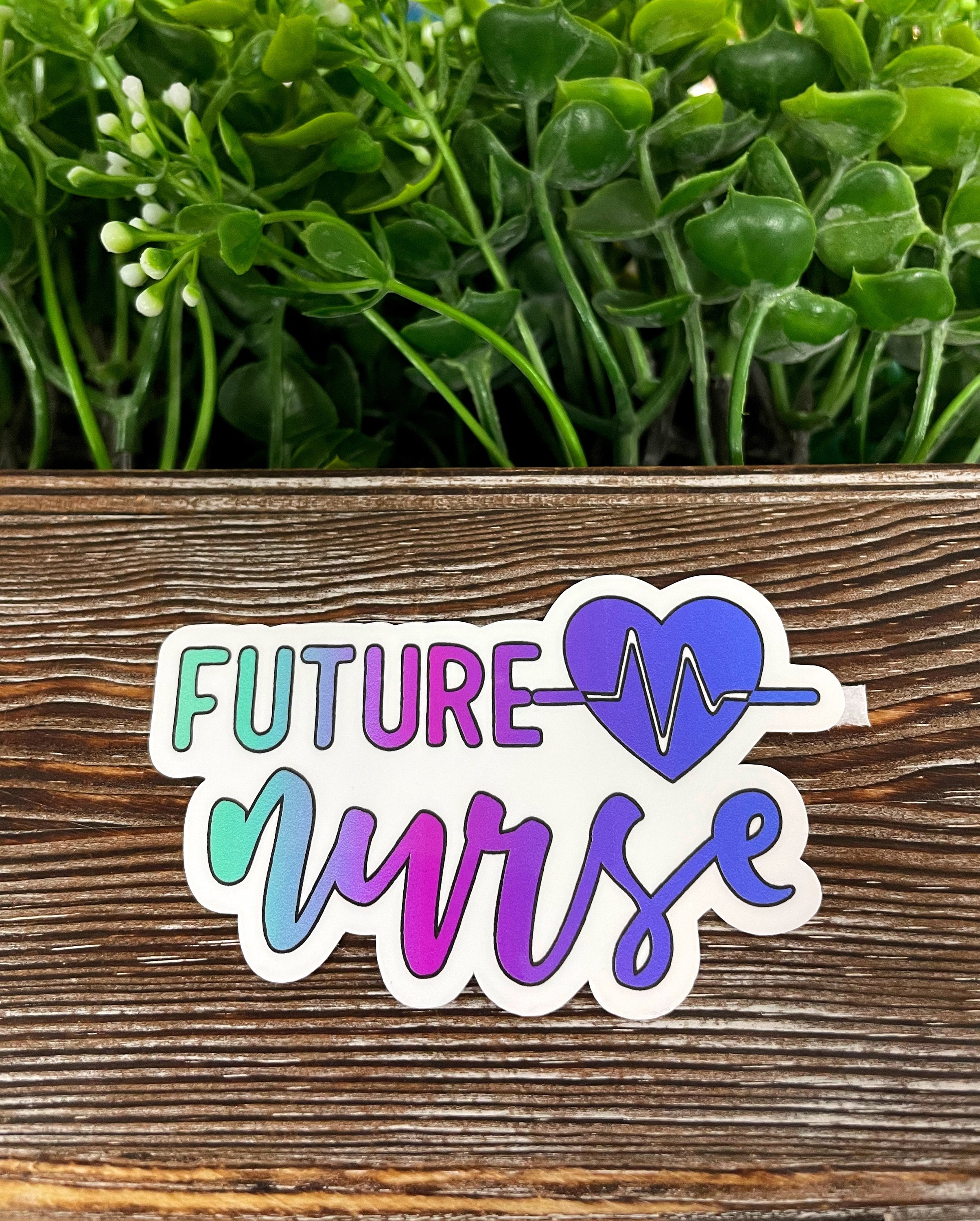 A vibrant Future Nurse sticker featuring nursing-themed graphics, showcasing its die-cut design and water-resistant laminate finish.