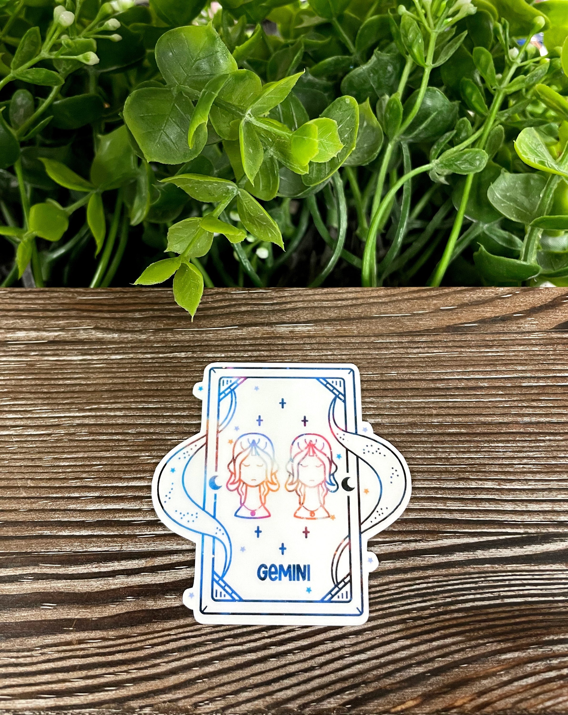 Gemini Zodiac Tarot Card sticker or magnet featuring intricate design, vibrant colors, and water-resistant laminate finish.