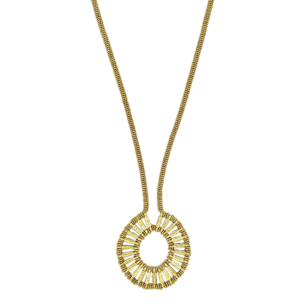 Golden Halo Necklace featuring metal beads and cotton thread, showcasing a unique blend of traditional Indian craftsmanship and modern design.