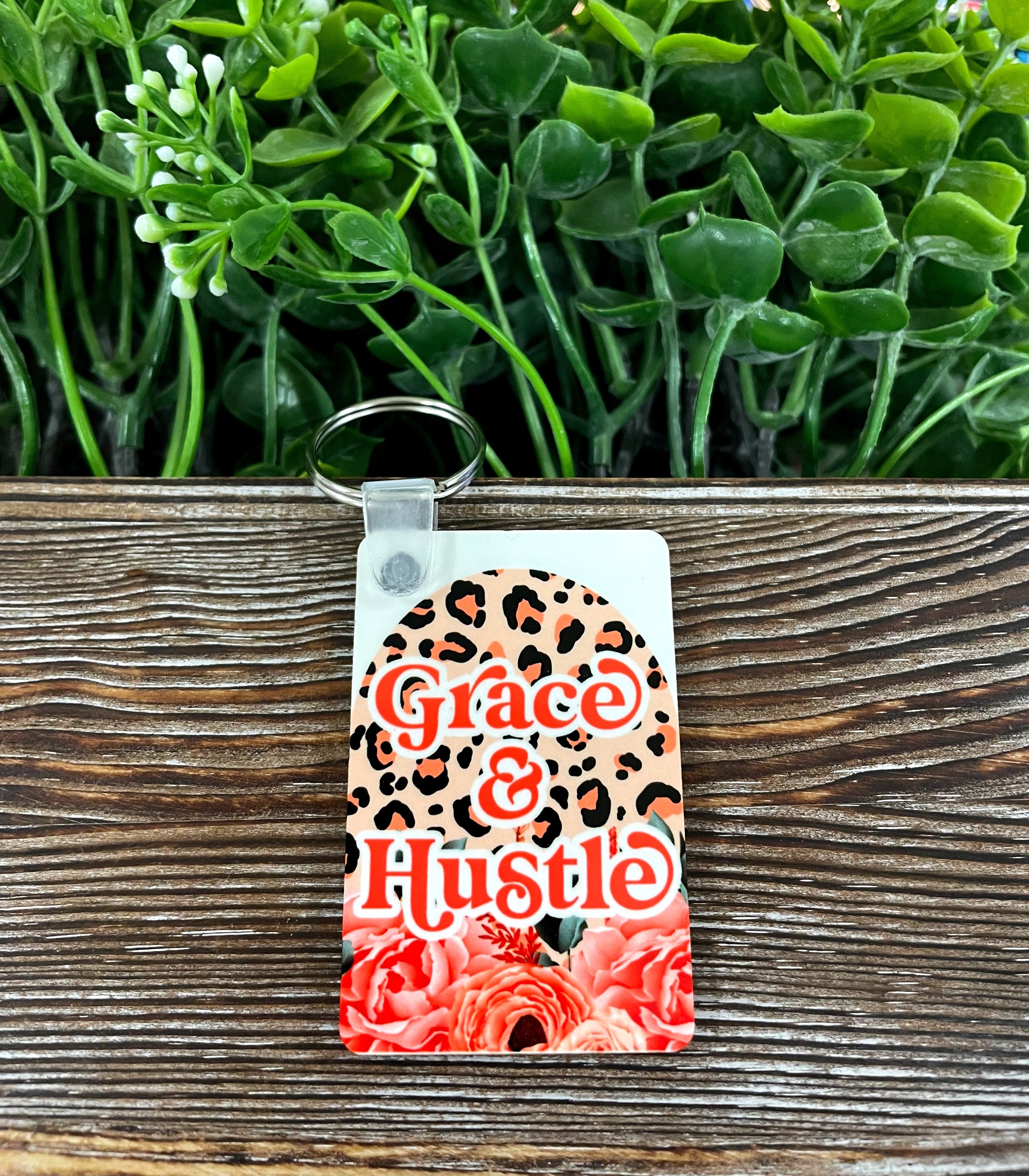 Grace and Hustle MDF Rectangle Keychain featuring vibrant colors and lightweight design, perfect for personal expression.