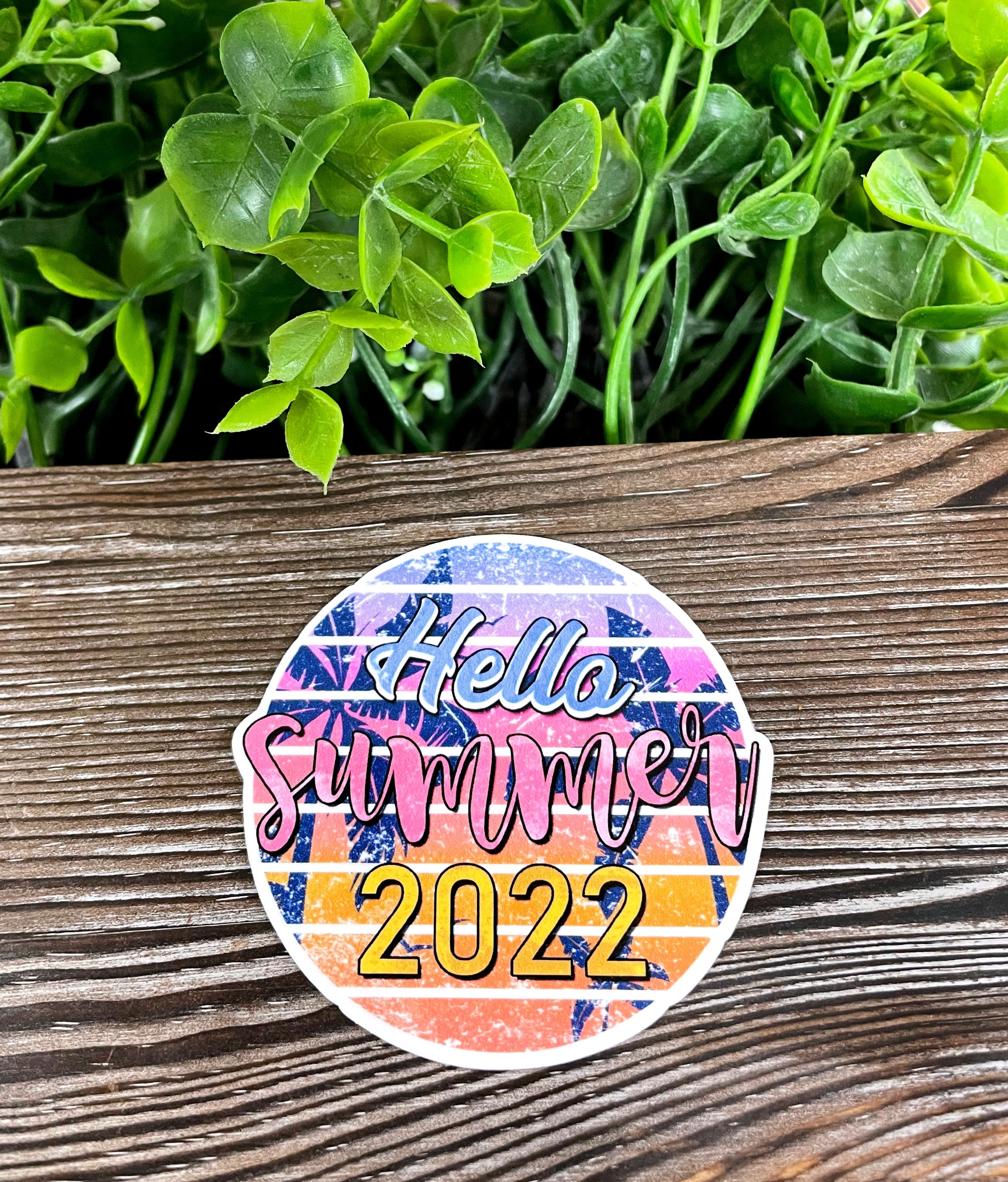 Hello Summer 2022 die cut vinyl sticker featuring a boho design, water resistant and perfect for personalizing various smooth surfaces.