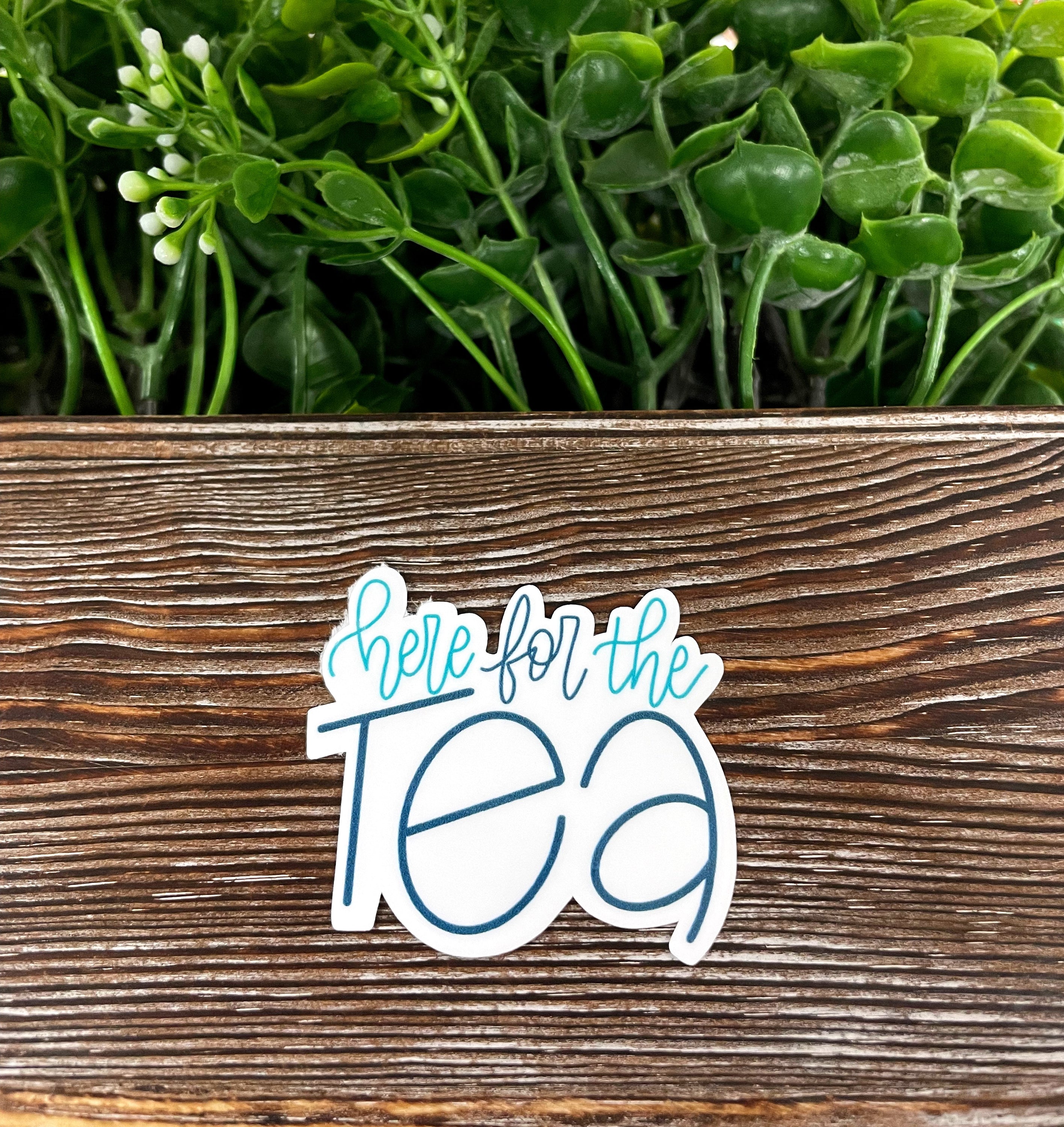 Here for the Tea die cut sticker featuring a boho design, made of high-quality vinyl with a water-resistant laminate finish.