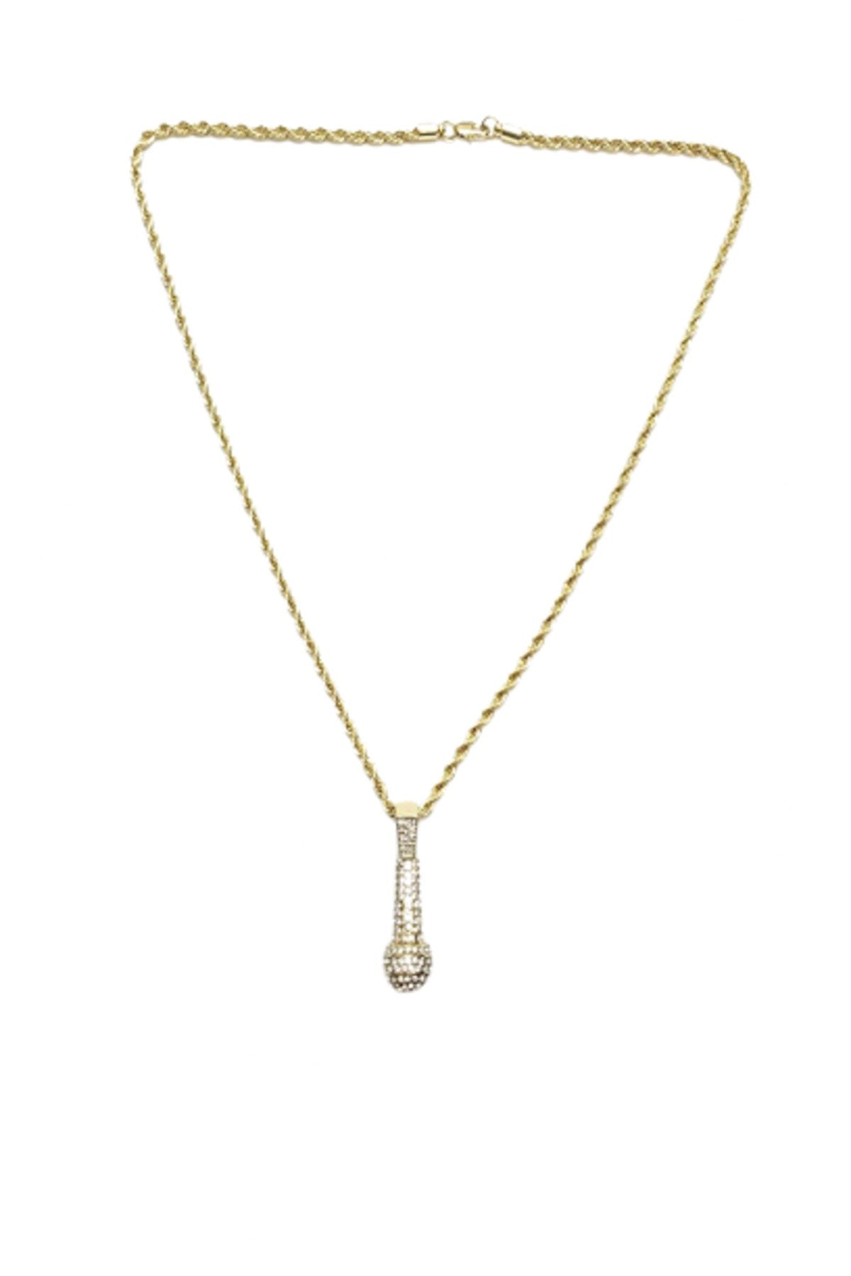 Hip Hop Iced Out Microphone Pendant Chain with 24-inch rope chain, featuring a sparkling microphone design.