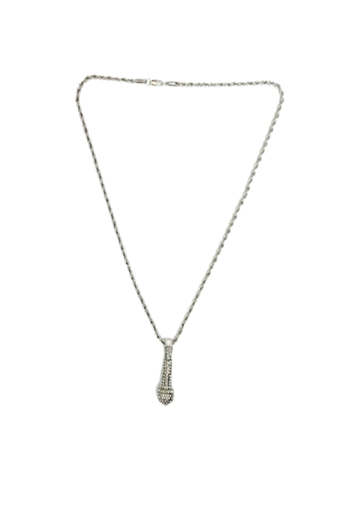 Hip Hop Iced Out Microphone Pendant Chain with 24-inch rope chain, featuring a sparkling microphone design.