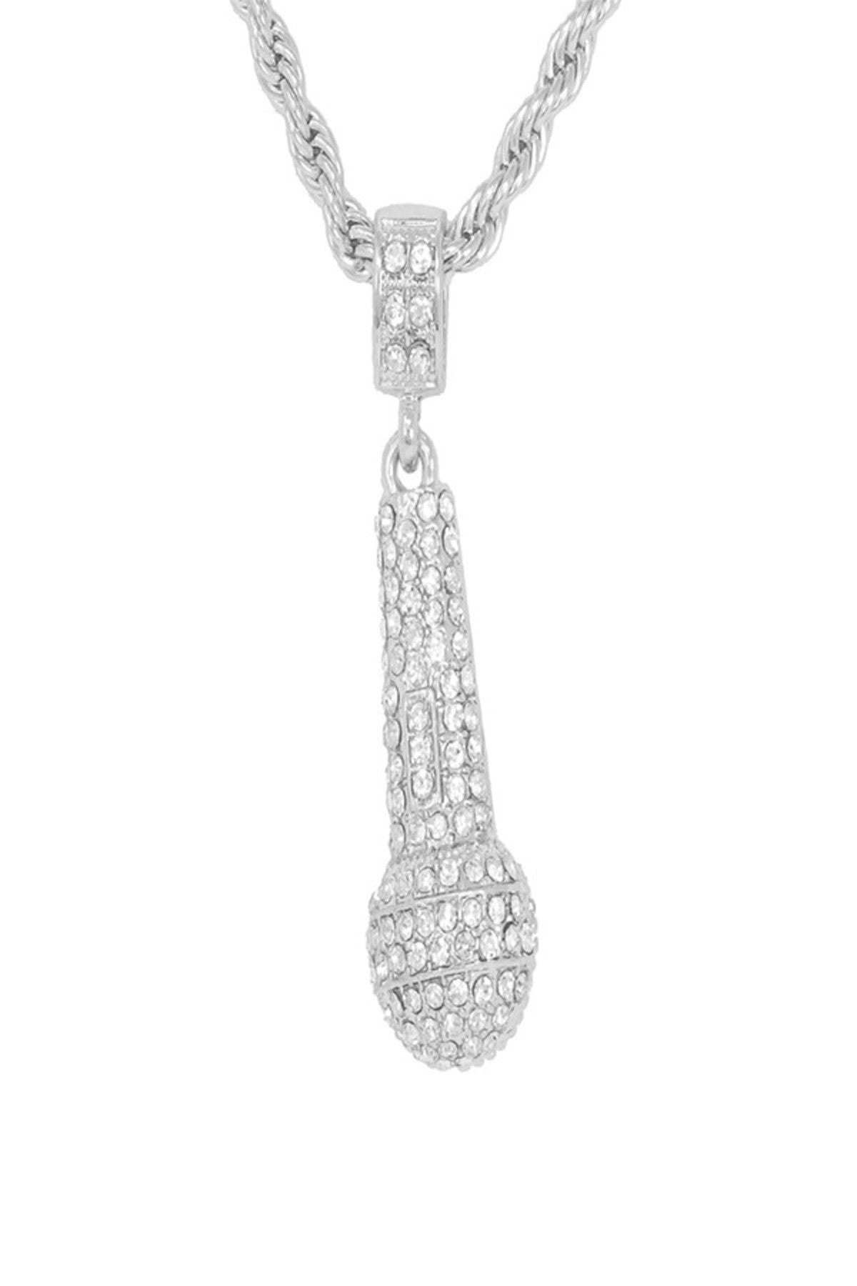 Hip Hop Iced Out Microphone Pendant Chain with 24-inch rope chain, featuring a sparkling microphone design.