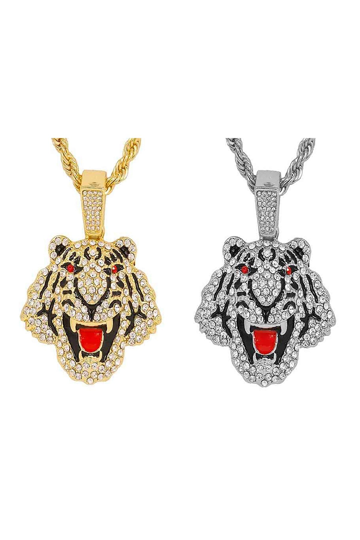 A stunning iced out tiger pendant on a 24-inch rope chain, showcasing intricate details and a bold design.