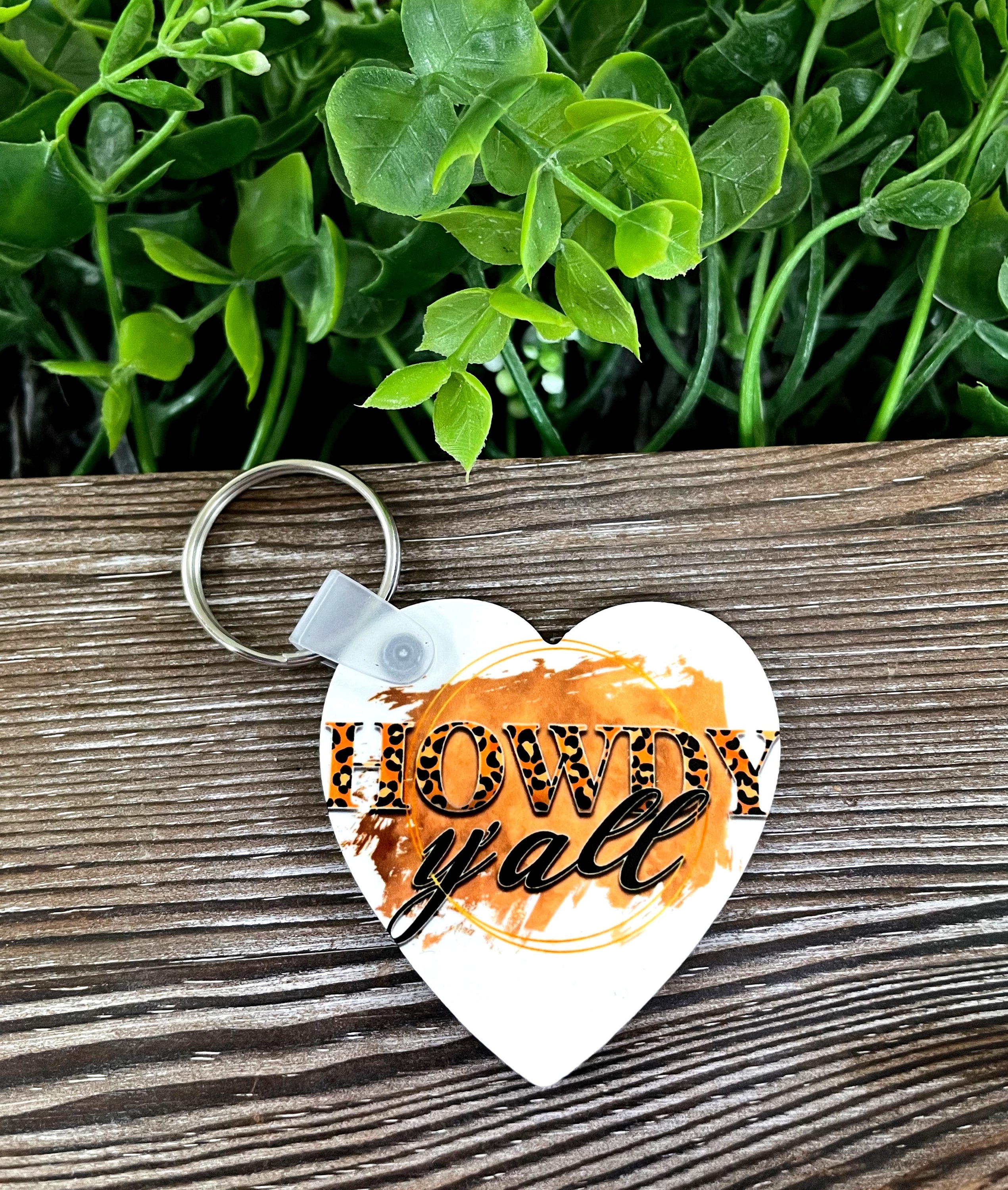 Howdy Y'all MDF Heart Keychain featuring vibrant colors and a lightweight design, perfect for Boho and Country Western styles.