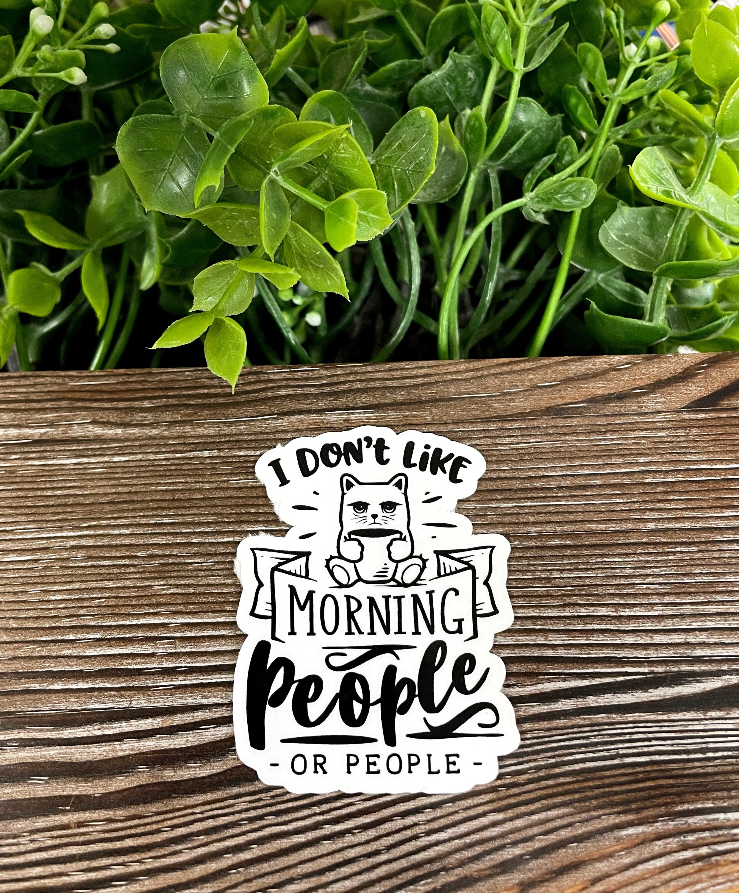 Die cut vinyl sticker featuring the phrase 'I Don't Like Morning People or People' with a boho design, suitable for various surfaces.