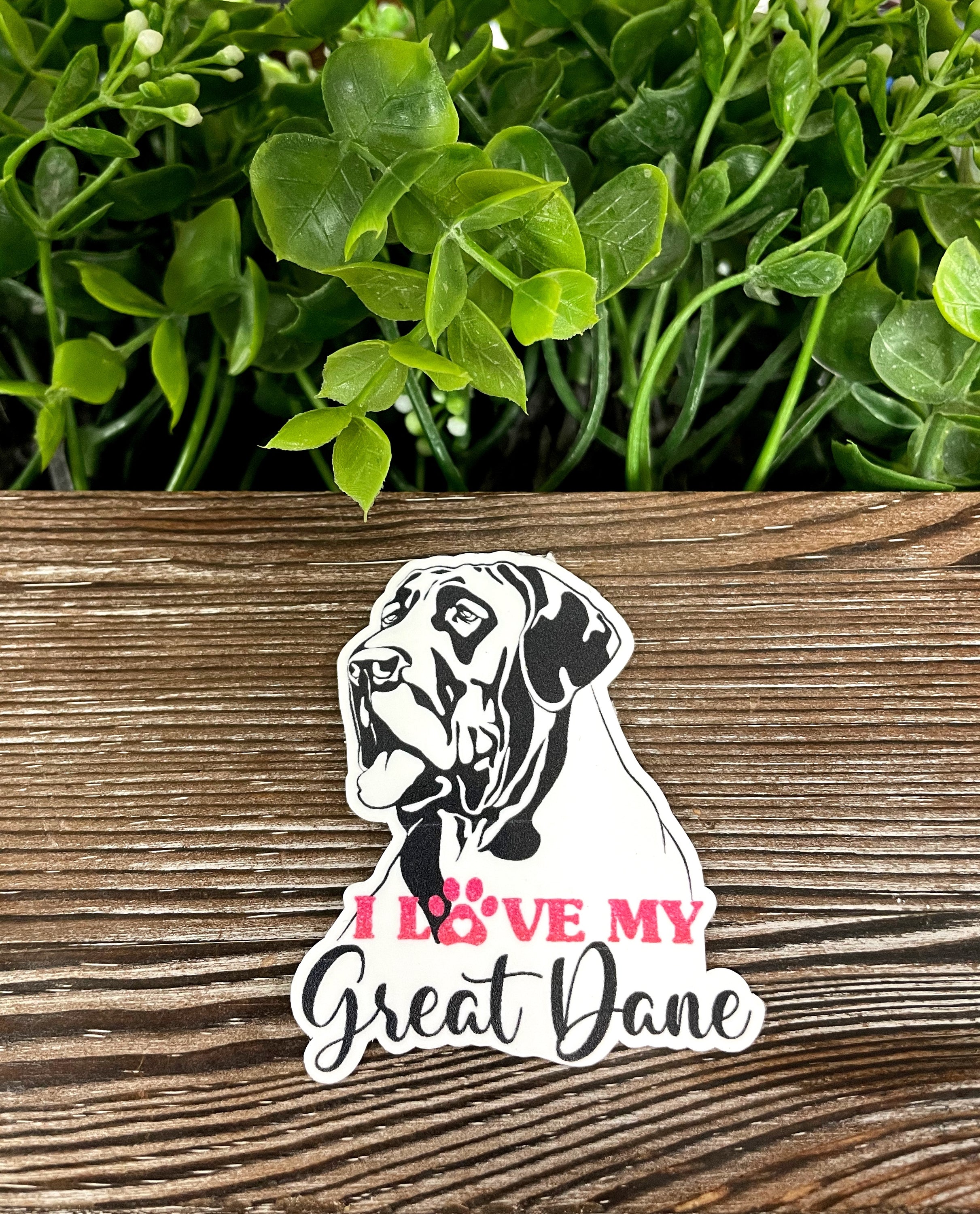 A vibrant 'I Love my Great Dane' sticker featuring a playful design, perfect for personalizing smooth surfaces.