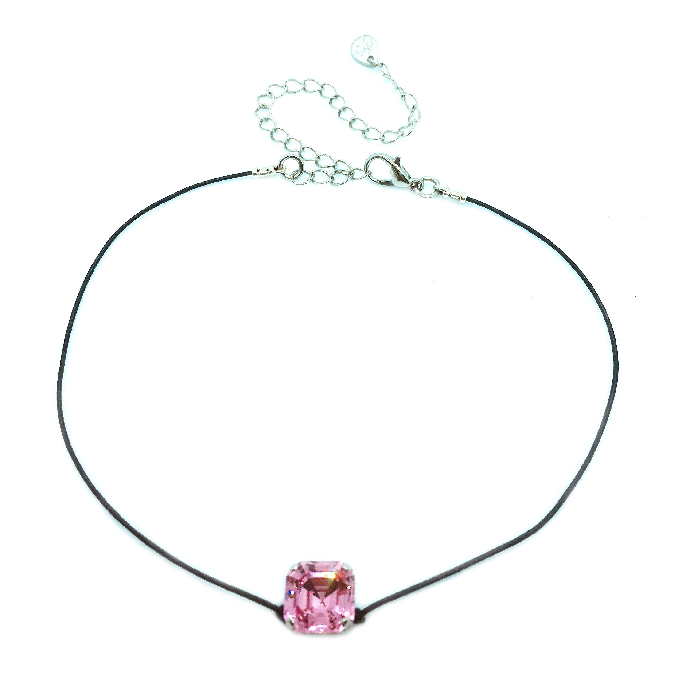 Imperial Choker featuring genuine leather cord and a sparkling Swarovski crystal, elegantly displayed in a KP pink jewelry box.