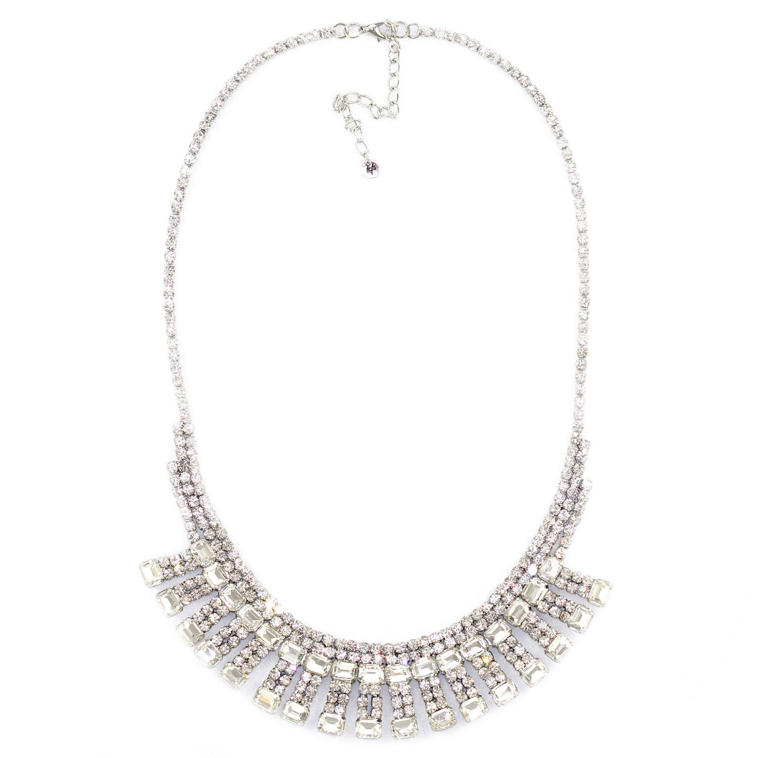 Jewel Saturation Necklace featuring rows of sparkling glass rhinestones in a silver tone brass setting with an adjustable clasp.