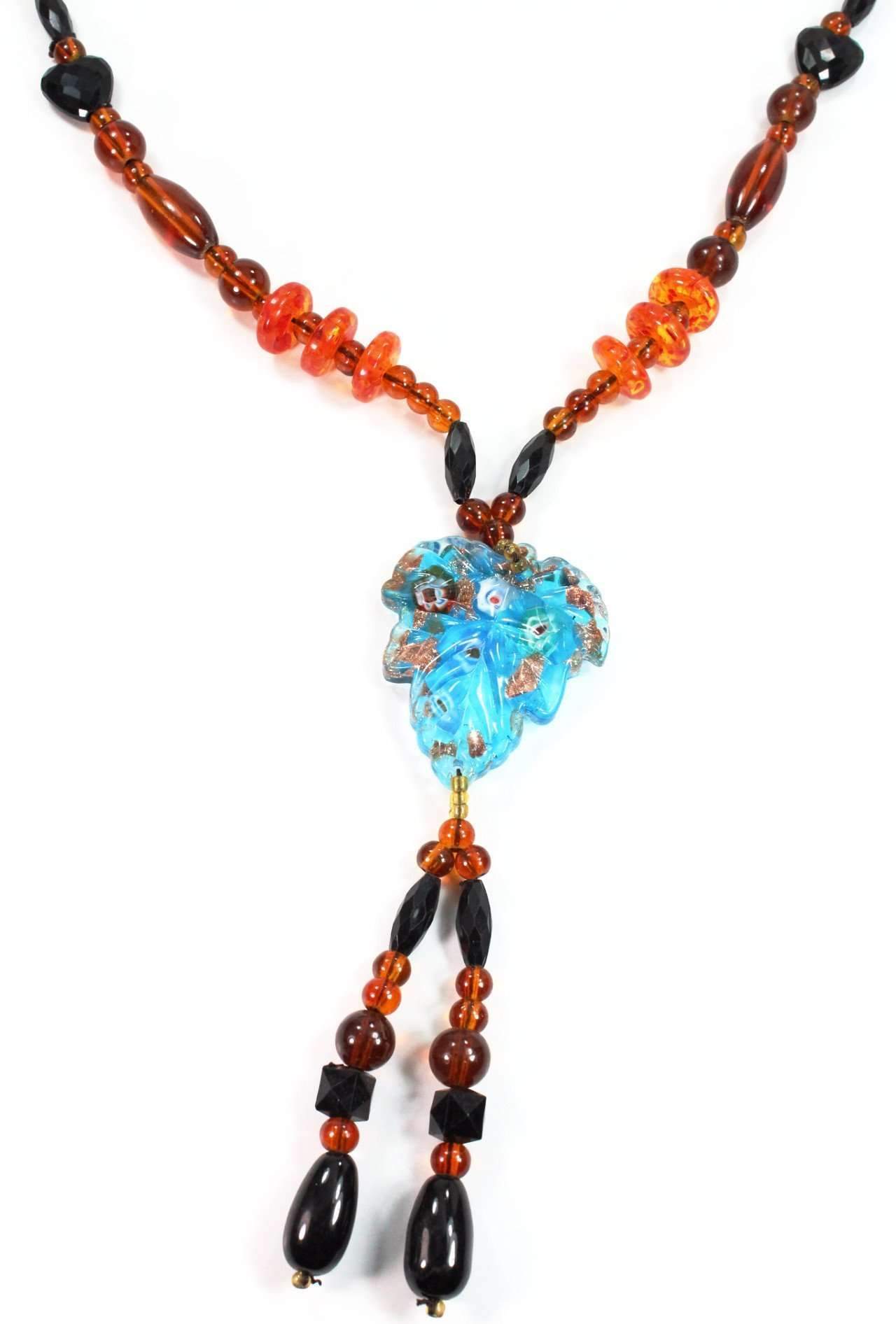 Leaf Pendant Gypsy Style Shimmer Necklace featuring colorful resin beads and golden shimmer accents, perfect for stylish outfits.